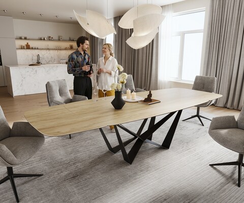 Table à manger Edge Boot 200-300x120 cm Céramique Laminam® Sabbia Eichefarbig Spider Flachstahl Noir extensible