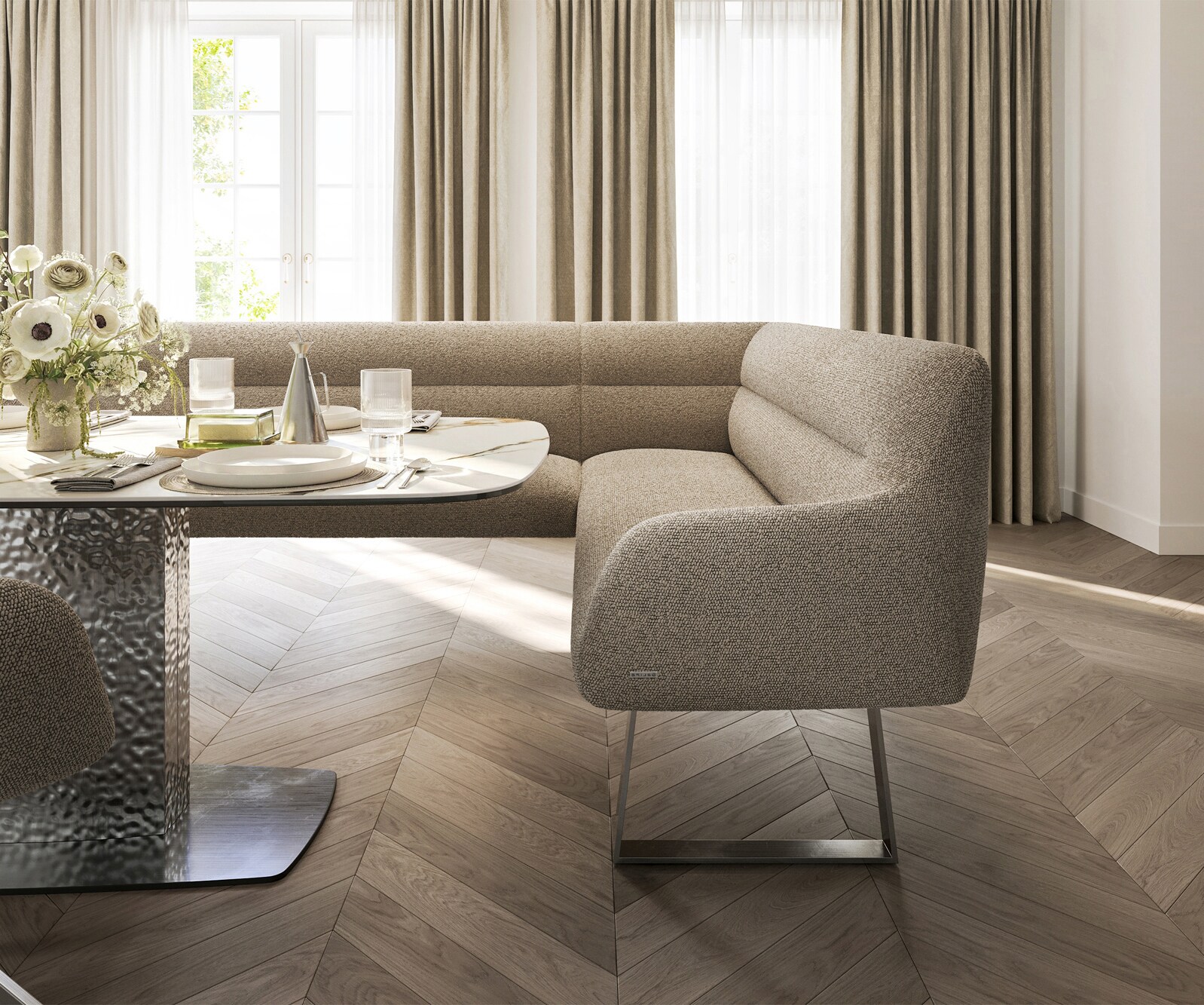 Banc-de-salle-à-manger Taya-Flex 285x190 cm bouclé boue piètement à patins angulaire acier inoxydable ressort ensaché liens 5