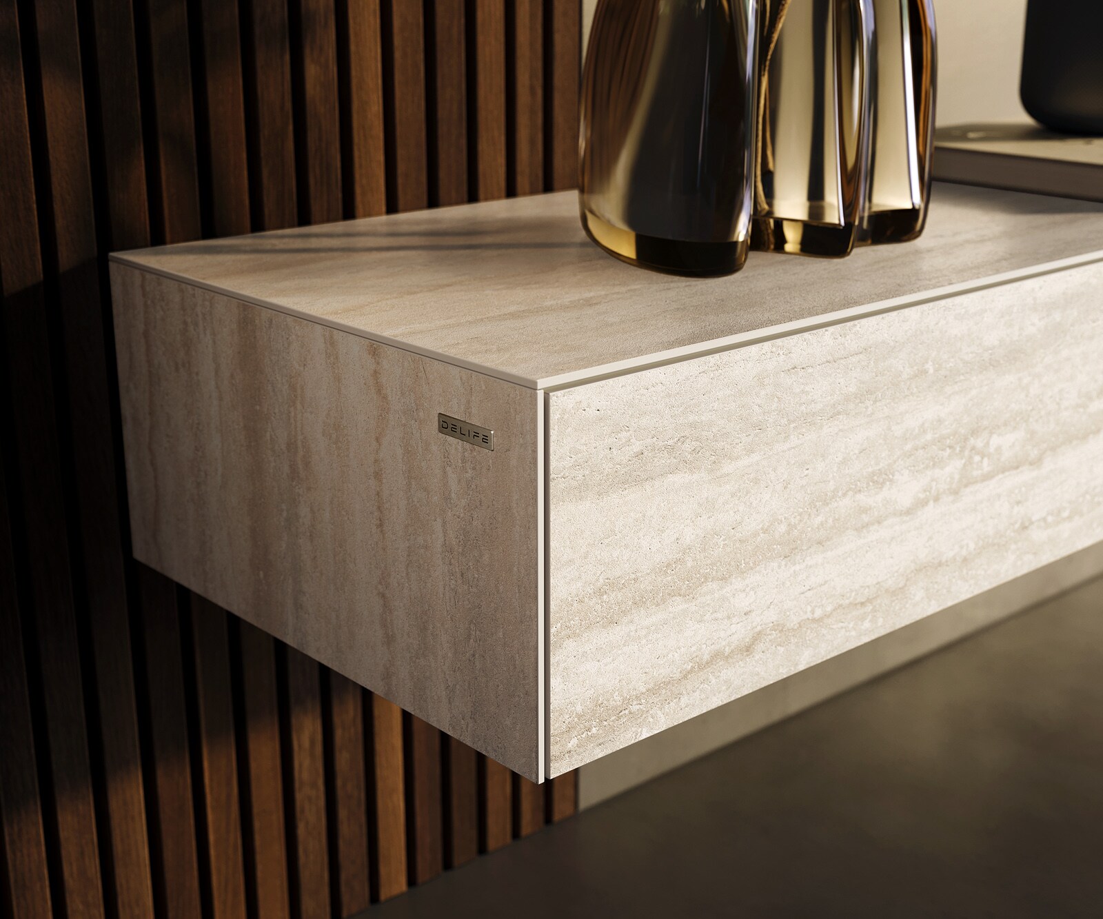 Meuble-TV Cuor 200 cm Céramique Laminam® Travertino Bianco Crème-blanc 1 Clapet 1 Tiroir Flottant 5
