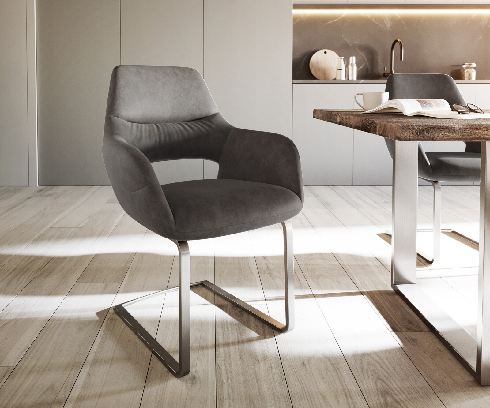 Cantilever Yago-Flex avec accoudoirs microvelours anthracite vintage pied cantilever plat acier inoxydable brossé ressorts ensachés