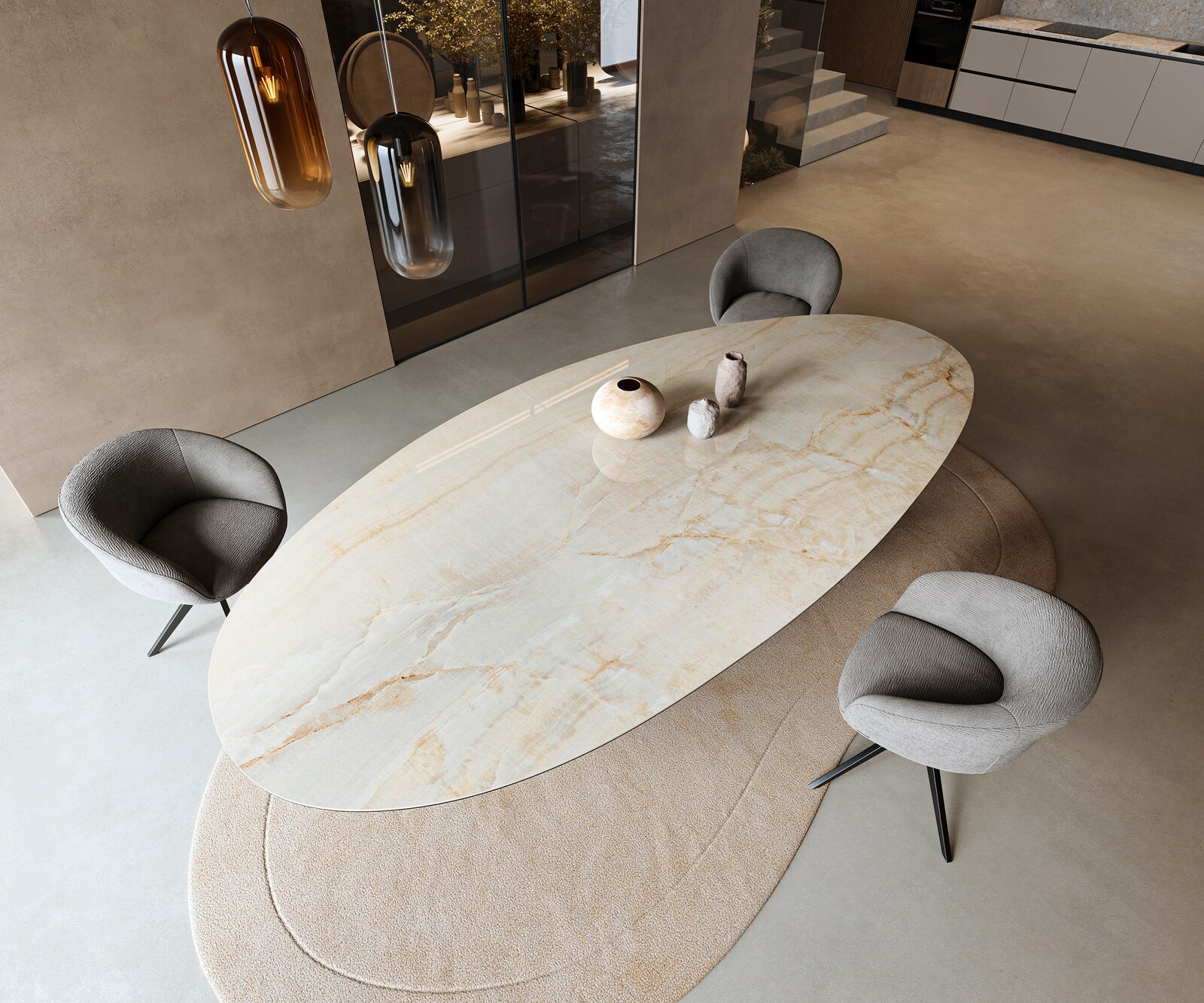 Table à manger Edge Oval 315x150 cm Céramique Iris FMG Onice Oro Pilier Métal Noir 4