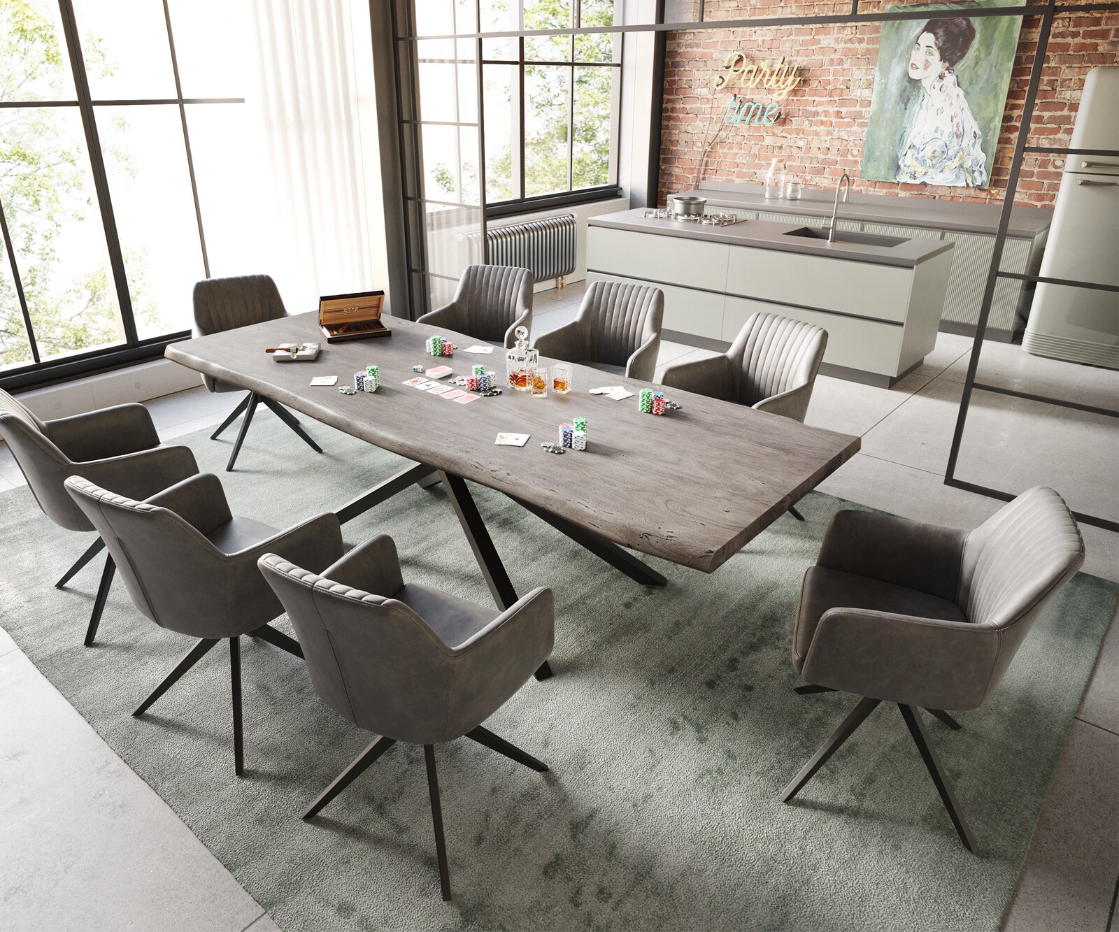 Table à manger Edge 260x100 XL acacia platine cadre croisé rectangle noir Live-Edge 7