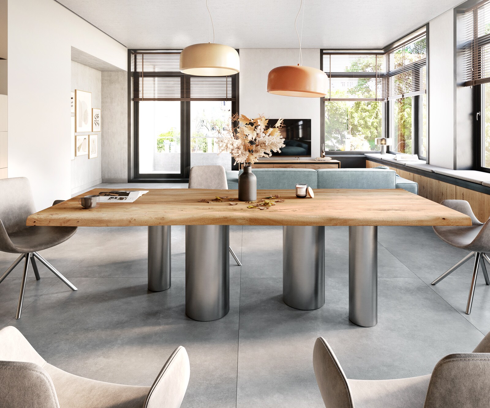 Table à manger Edge 280x100 XL Acacia Nature Pilier Acier inoxydable brossé Live-Edge 1