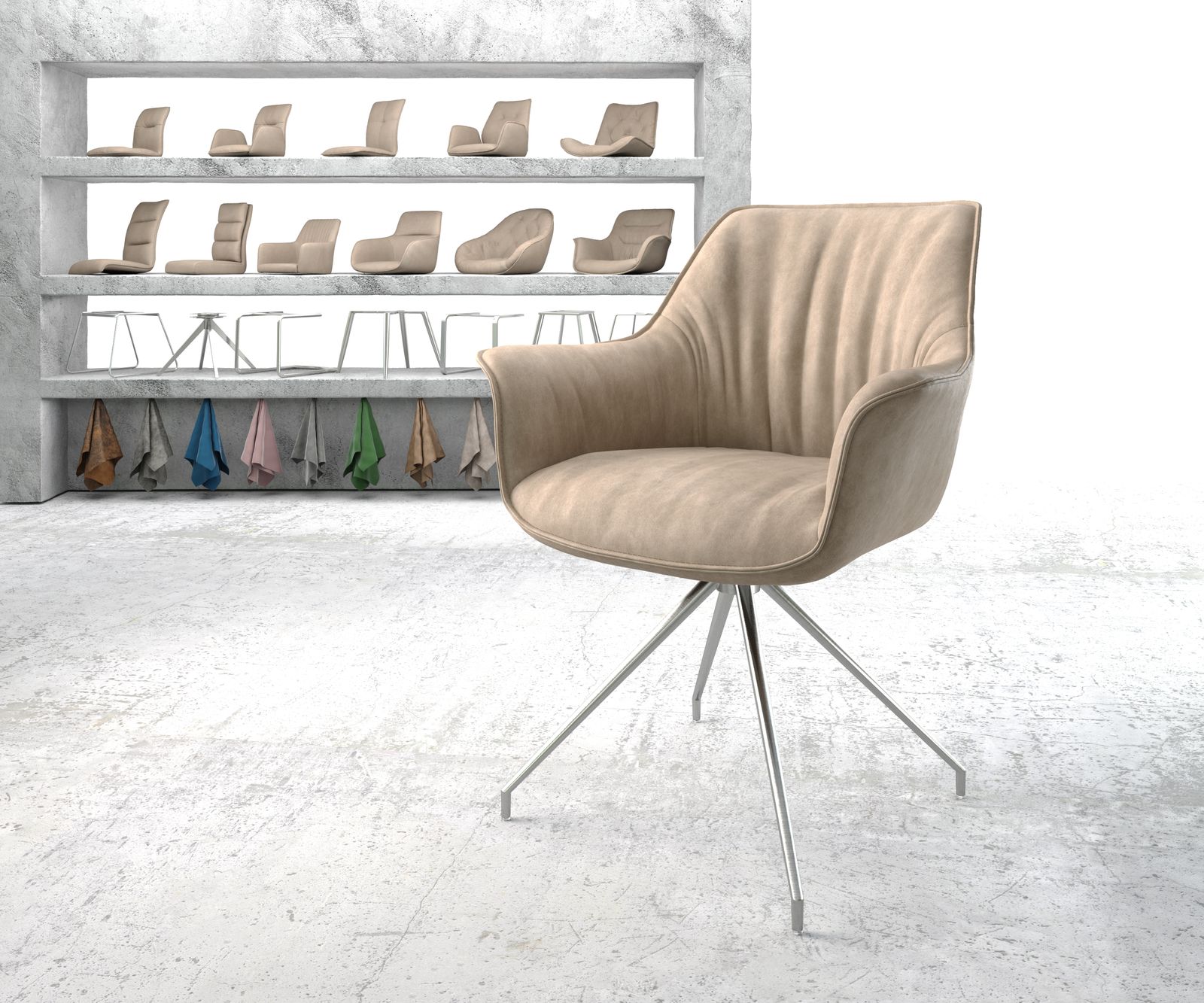 Chaise-pivotante Keila-Flex avec accoudoirs beige vintage cadre croisé conique acier inoxydable pivote sur 180°