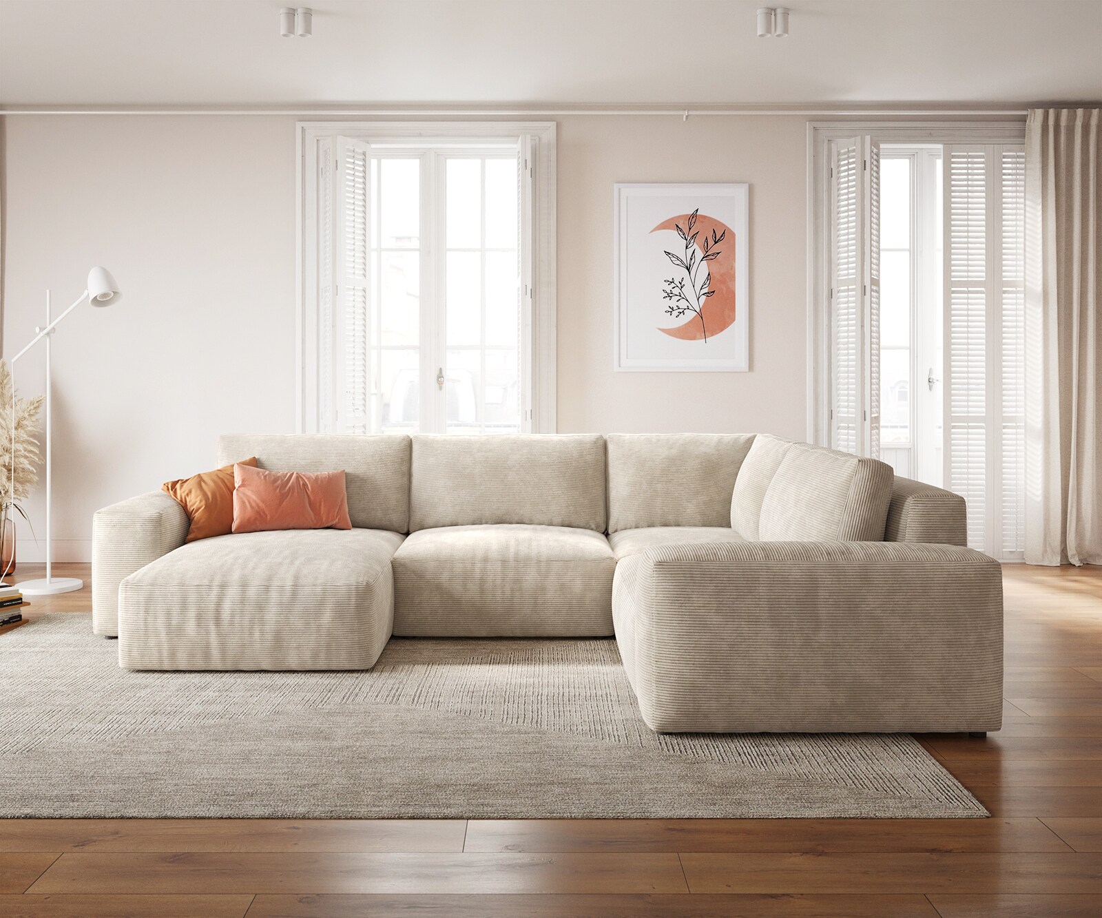 Grand canapé d’angle Lanzo 300x210 cm velours côtelé beige méridienne réversible 1