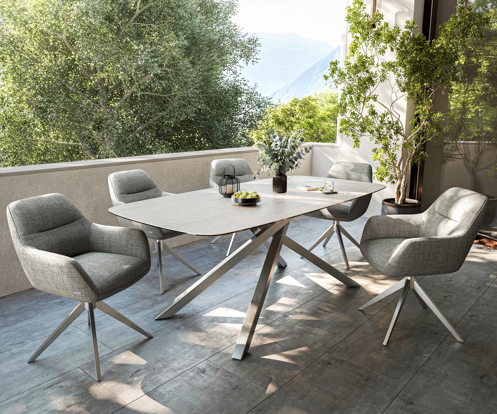 Table d’extérieur Edge Boot 200x100 cm céramique Laminam® Travertino Bianco blanc crème piètement croisé rectangulaire en acier inoxydable 7