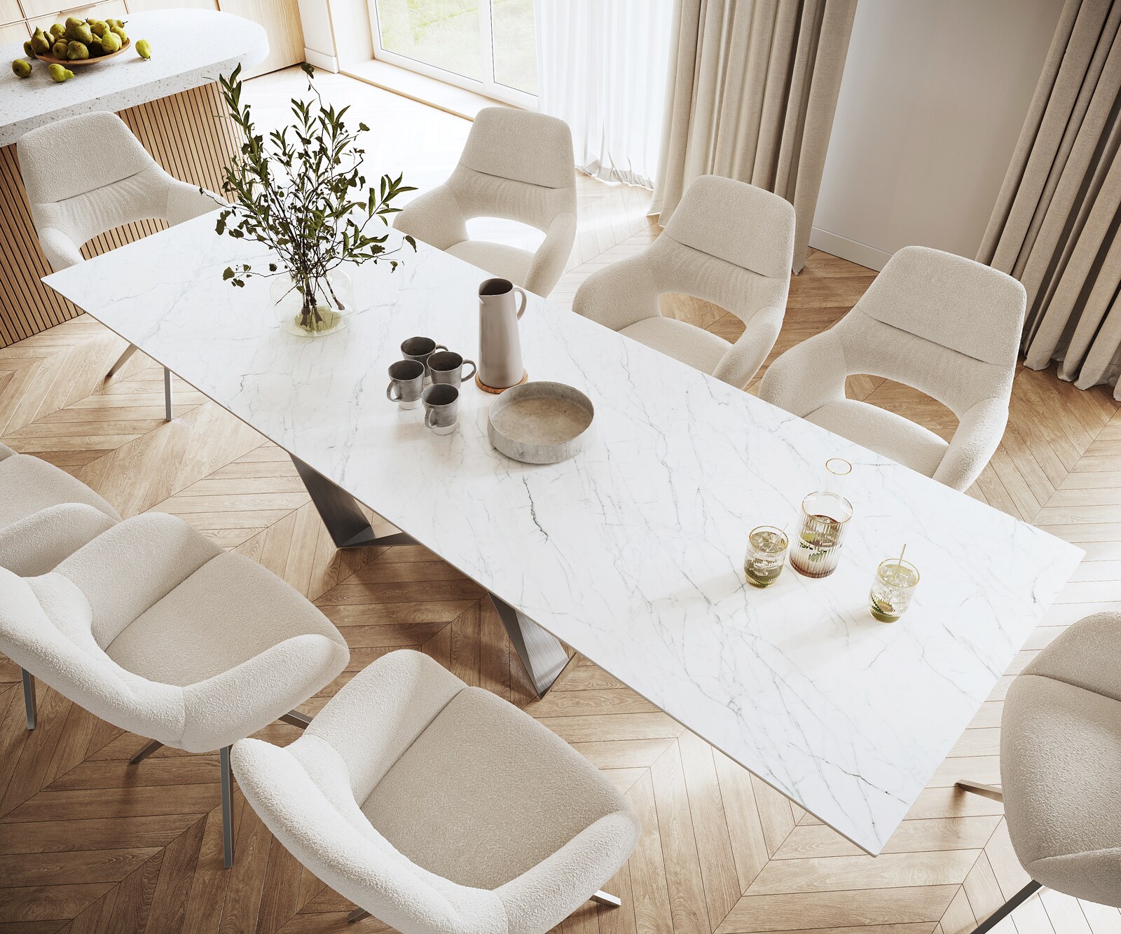 Table-à-manger Edge 300x100cm Laminam® céramique blanc pieds milieu acier plat argent 3