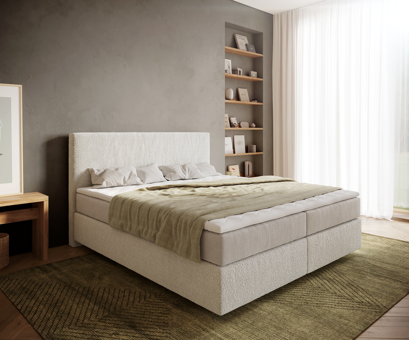 Lit-à-sommier-tapissier Dream-Well 180x200 cm Bouclé Crème-Blanc avec matelas à ressorts ensachés et surmatelas Visco Lit-à-sommier-tapissier Dream-Well 180x200 cm Bouclé Crème-Blanc avec matelas à ressorts ensachés et surmatelas Visco