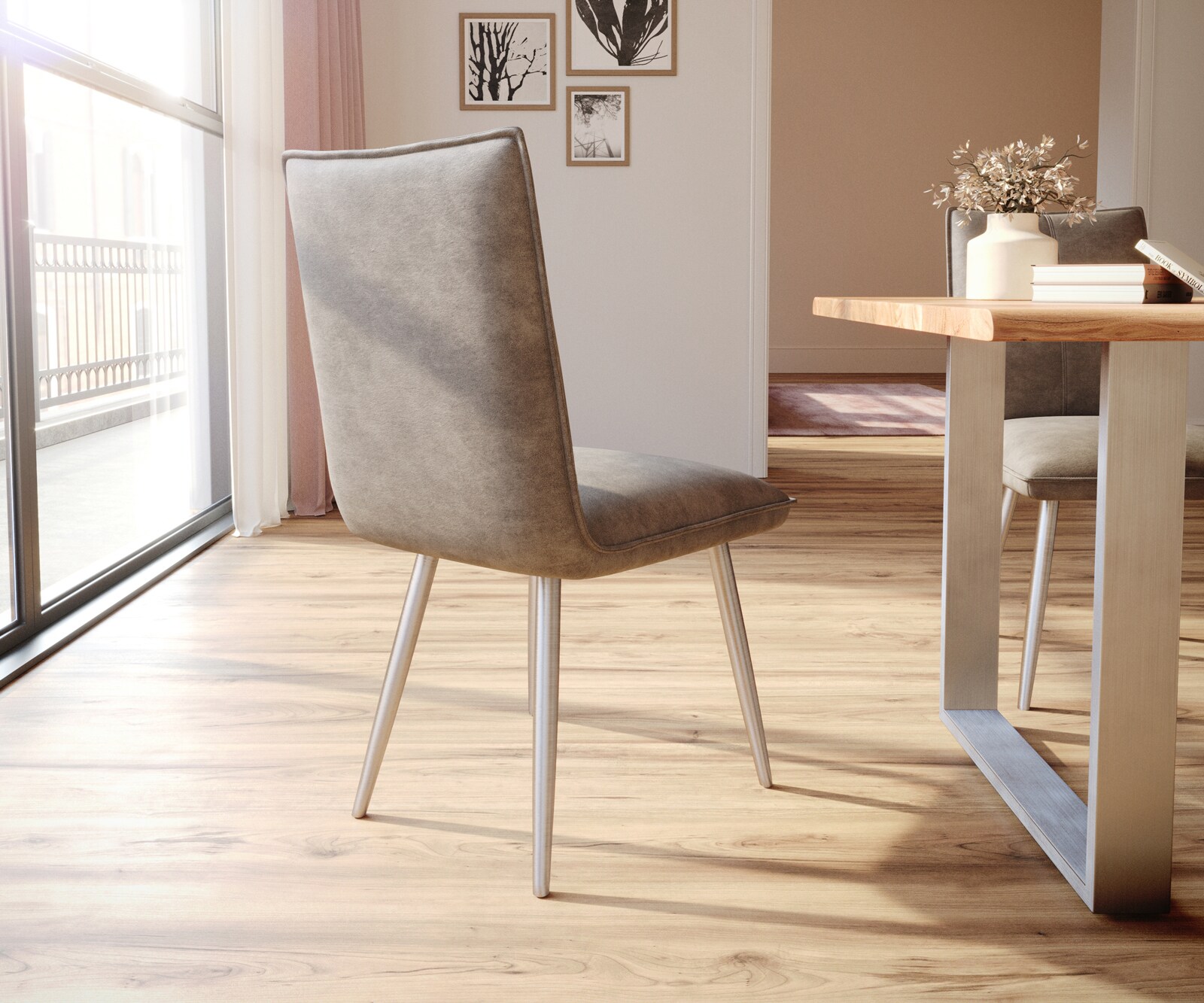 Chaise-de-salle-à-manger Lelio-Flex microvelours taupe vintage 4 pieds coniques acier inoxydable brossé ressorts ensachés 4