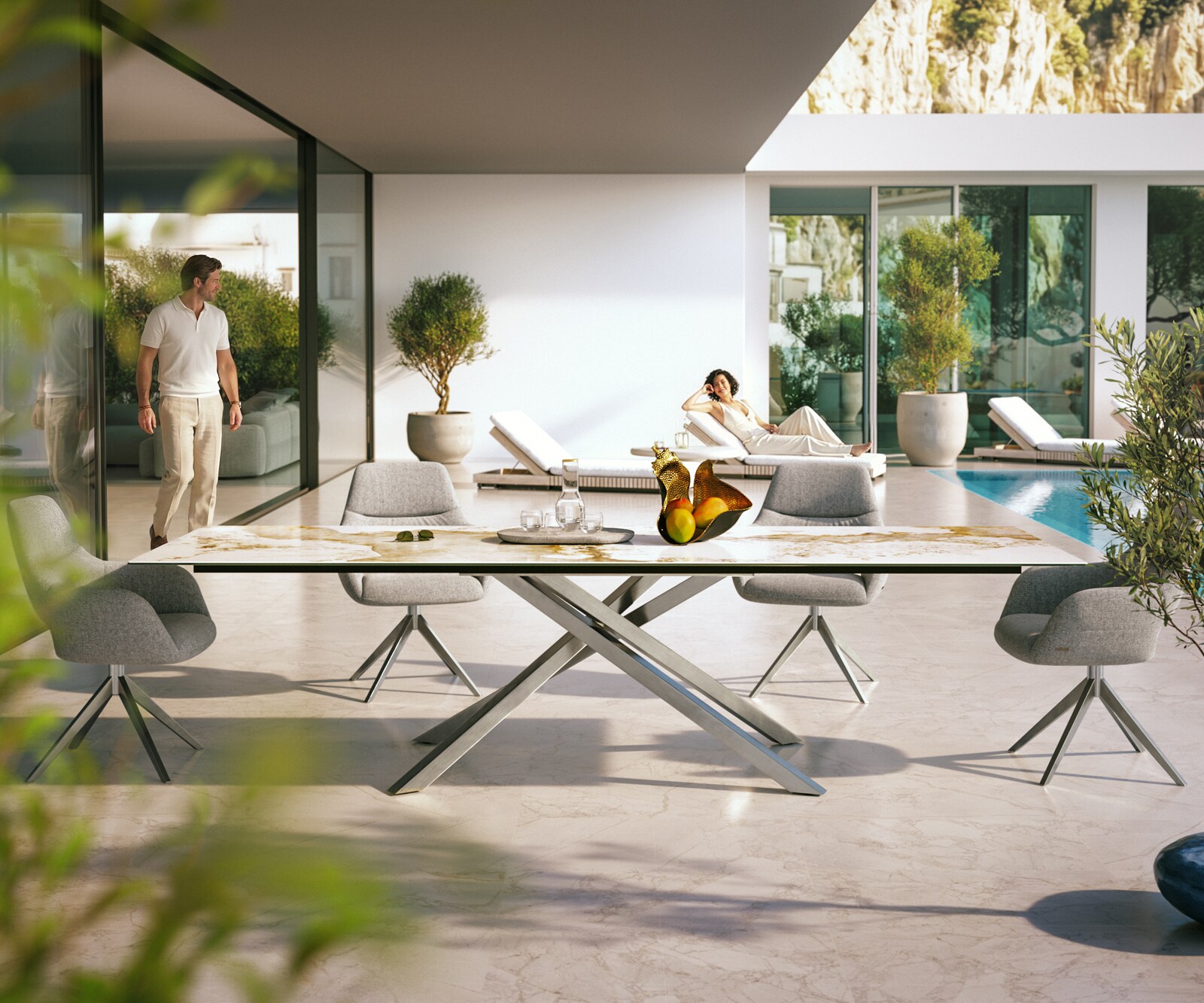 Table d’extérieur Edge 300x100 cm céramique Minas Melange blanc-beige piètement croisé rectangulaire en acier inoxydable 1