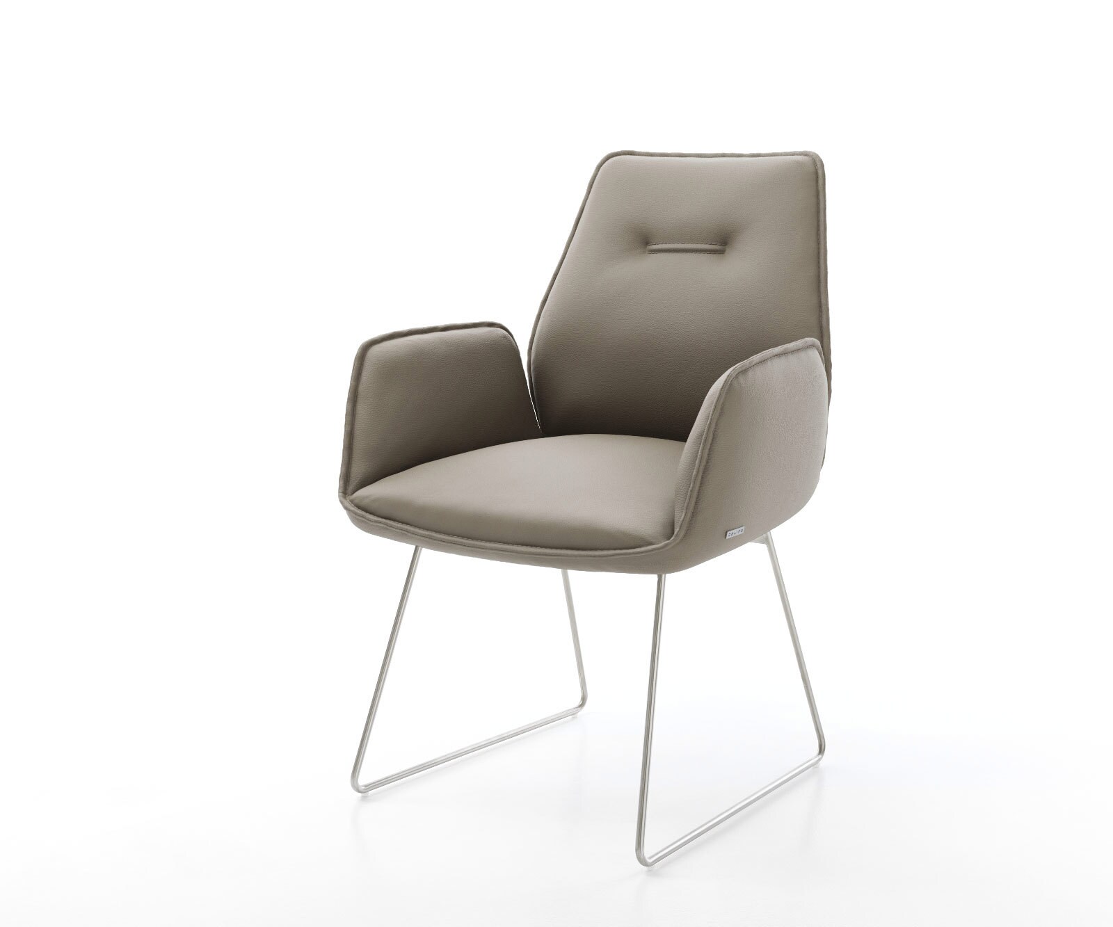 Chaise-de-salle-à-manger Zoa-Flex cuir de vache couleur boue pied trapèze acier inoxydable brossé ressorts ensachés