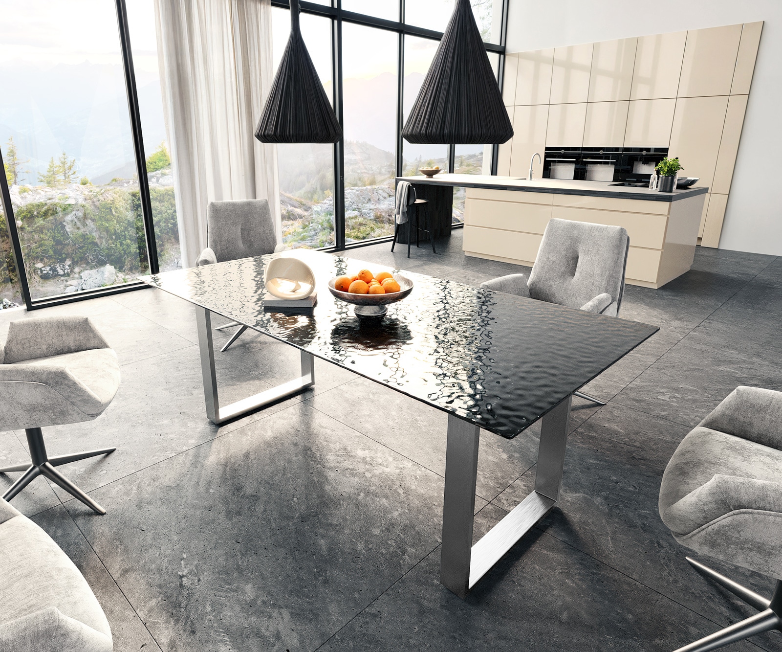 Table à manger Edge 200x100 verre fondu noir fumé relief en 3D acier inoxydable mince Table à manger Edge 200x100 verre fondu noir fumé relief en 3D acier inoxydable mince