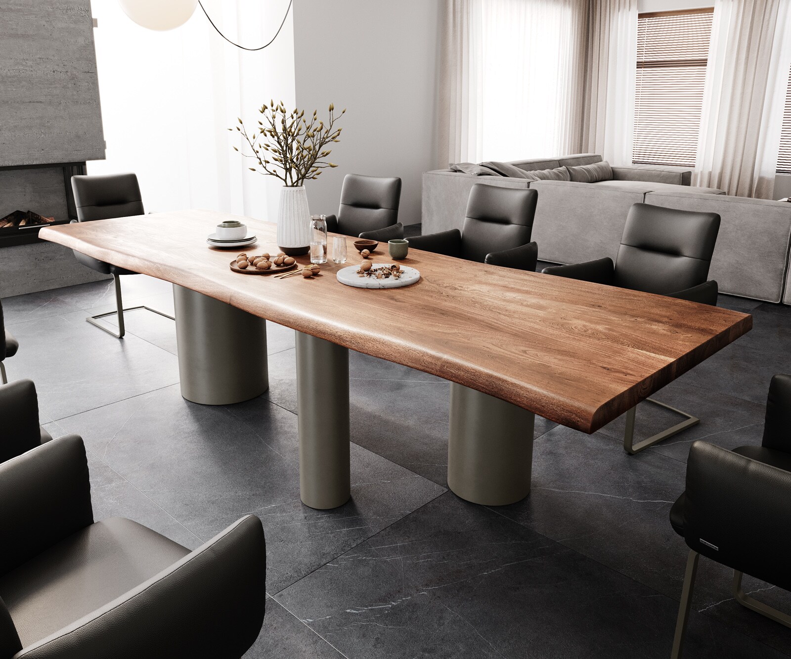 Table à manger Edge 300x100 XL Acacia Marron Troa Métal finition à effet Titane Live-Edge