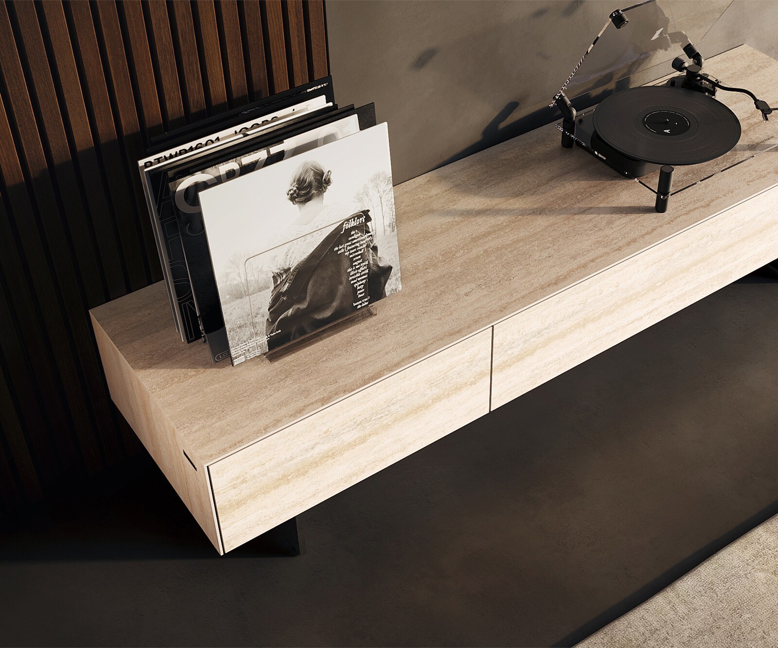 Meuble-TV Cuor 150 cm Céramique Laminam® Travertino Bianco Crème-blanc 1 Clapet 1 Tiroir Pied optique flottant Métal Noir 3