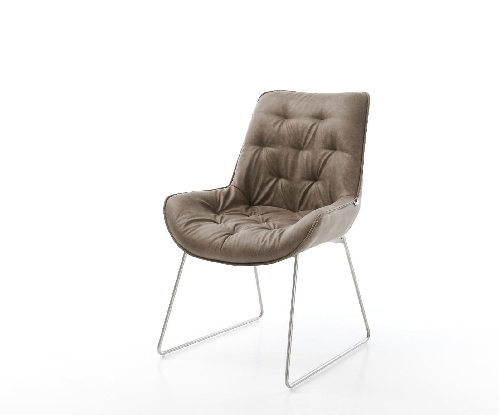 Chaise-de-salle-à-manger Taimi-Flex microvelours taupe vintage pied trapèze acier inoxydable brossé