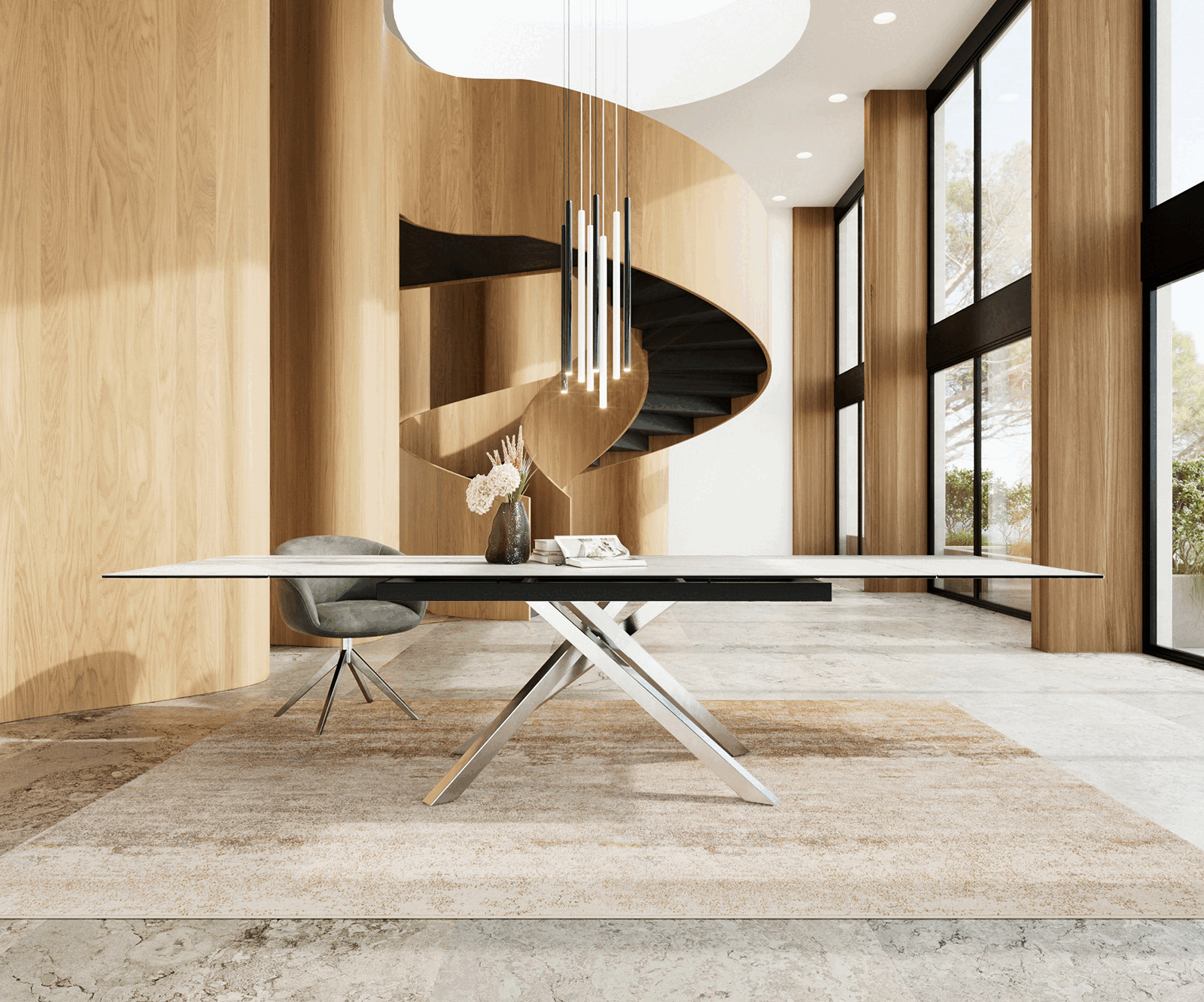 Table à manger Edge 200-300x100 céramique Laminam®Statuarietto blanc cadre croisé rectangulaire acier inoxydable extensible