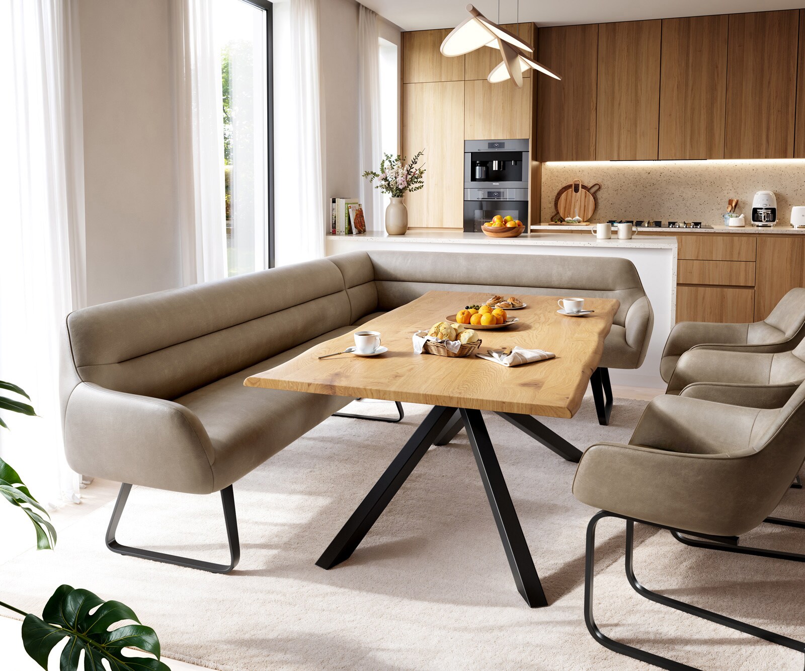 Banc-de-salle-à-manger Taya-Flex 285x190 cm microfibre beige vintage châssis à patins plat noir ressort ensaché liens 1