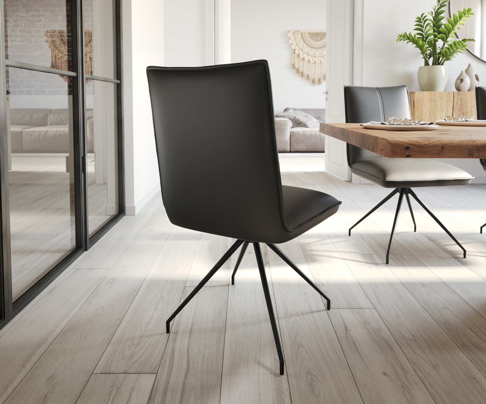 Chaise-de-salle-à-manger Lelio-Flex cuir de vache noir pied croisé conique noir ressorts ensachés 4 Chaise-de-salle-à-manger Lelio-Flex cuir de vache noir pied croisé conique noir ressorts ensachés 4