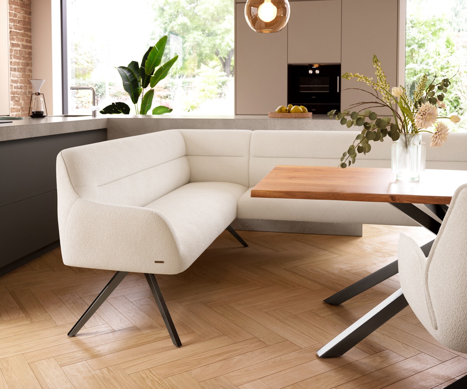Banc-de-salle-à-manger Taya-Flex 285x190 cm bouclé crème-blanc pied croisé angulaire grafiete ressort ensaché liens 5