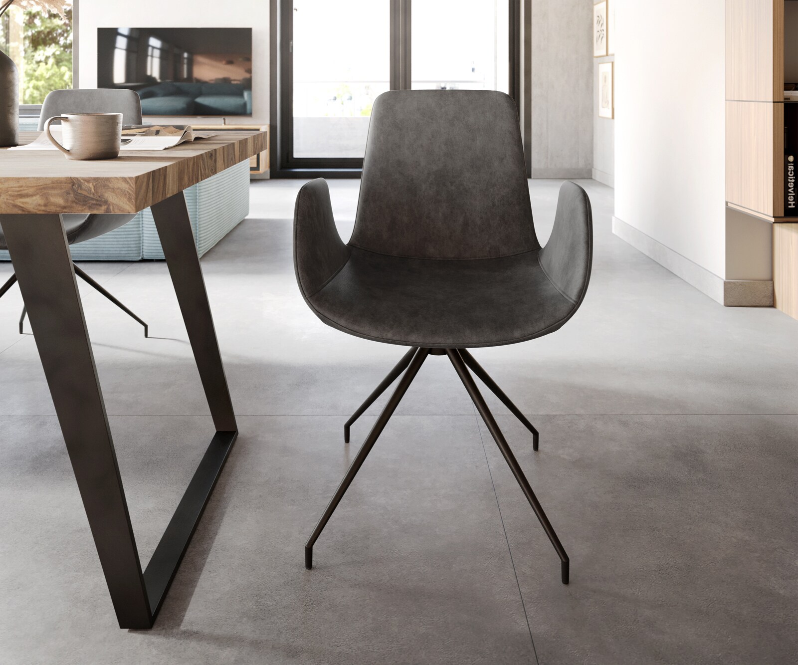 Chaise-de-salle-à-manger Ilia-Flex avec accoudoirs microvelours anthracite vintage pied croisé conique noir 1 Chaise-de-salle-à-manger Ilia-Flex avec accoudoirs microvelours anthracite vintage pied croisé conique noir 1