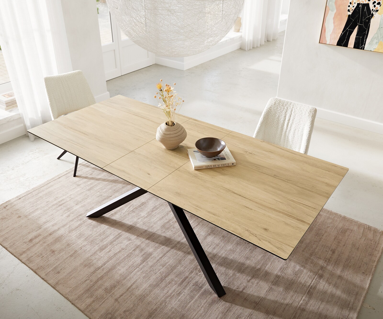 Table à manger Edge 180-220x100 céramique Laminam® Sabbia couleur chêne cadre croisé rectangulaire noir extensible 3