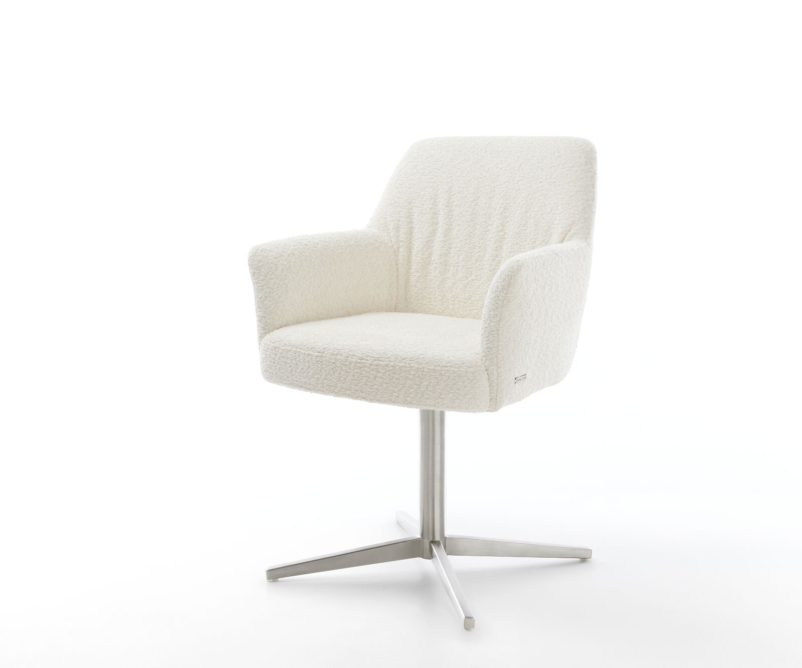 Chaise-pivotante Xana-Flex avec accoudoirs bouclé blanc pied de chaise 4 branches acier inoxydable brossé pivotement sur 360° ressorts ensachés