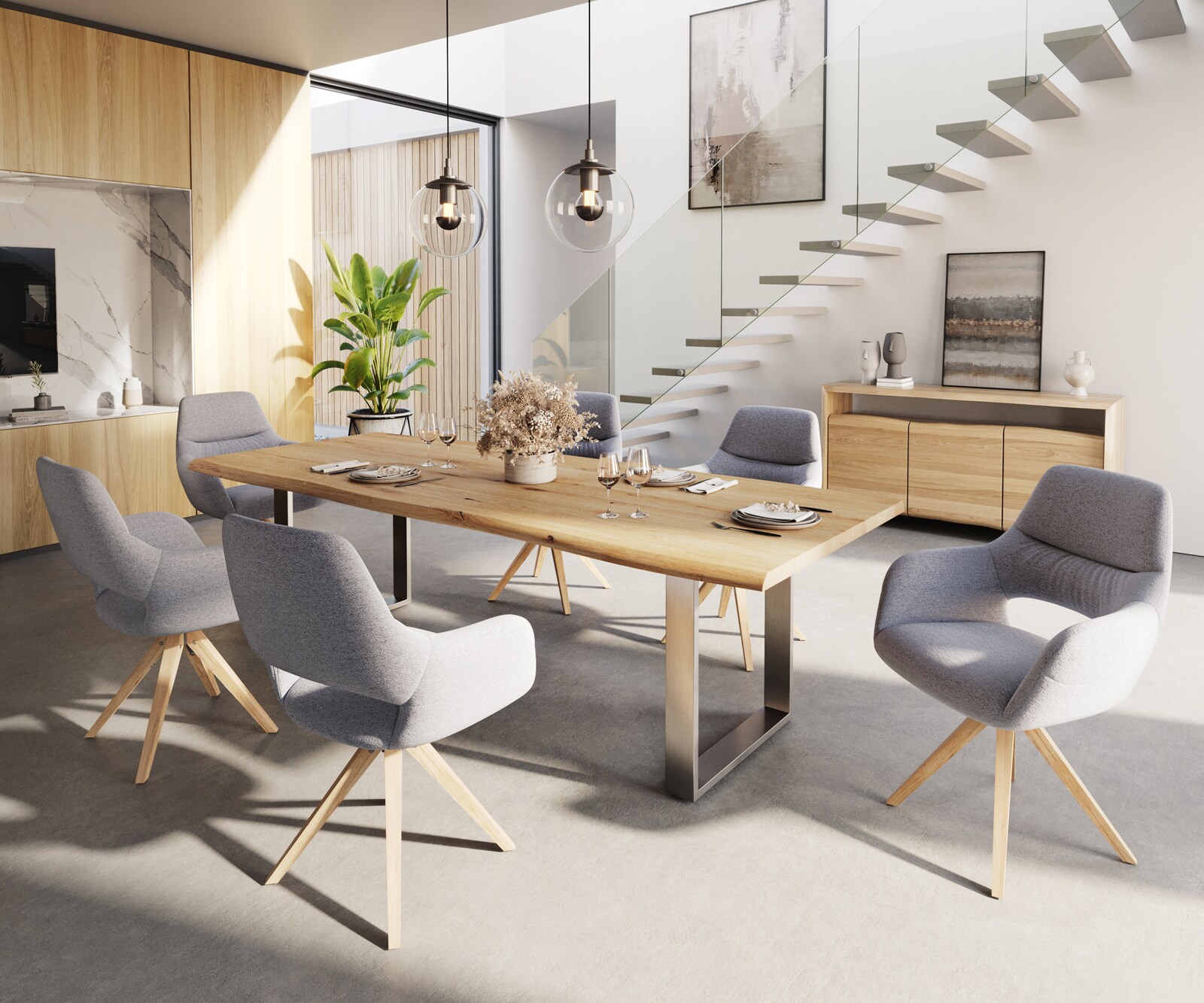 Chaise-de-salle-à-manger Yago-Flex avec accoudoirs tissu texturé gris clair pied en bois angulaire naturel ressorts ensachés 3 Chaise-de-salle-à-manger Yago-Flex avec accoudoirs tissu texturé gris clair pied en bois angulaire naturel ressorts ensachés 3