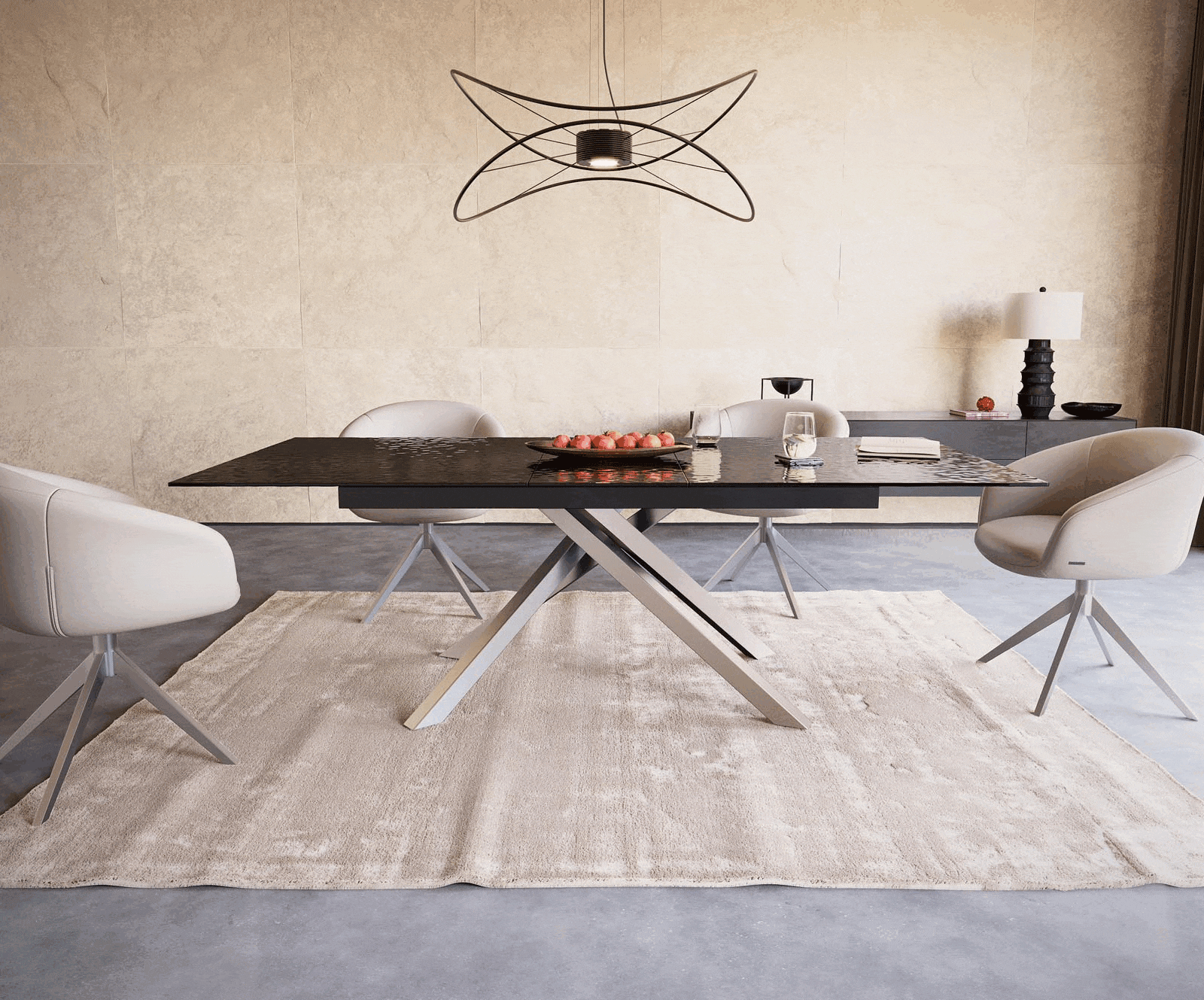 Table à manger Edge 180-220x100 verre fondu noir fumé relief en 3D cadre croisé rectangulaire acier inoxydable extensible 1 Table à manger Edge 180-220x100 verre fondu noir fumé relief en 3D cadre croisé rectangulaire acier inoxydable extensible 1