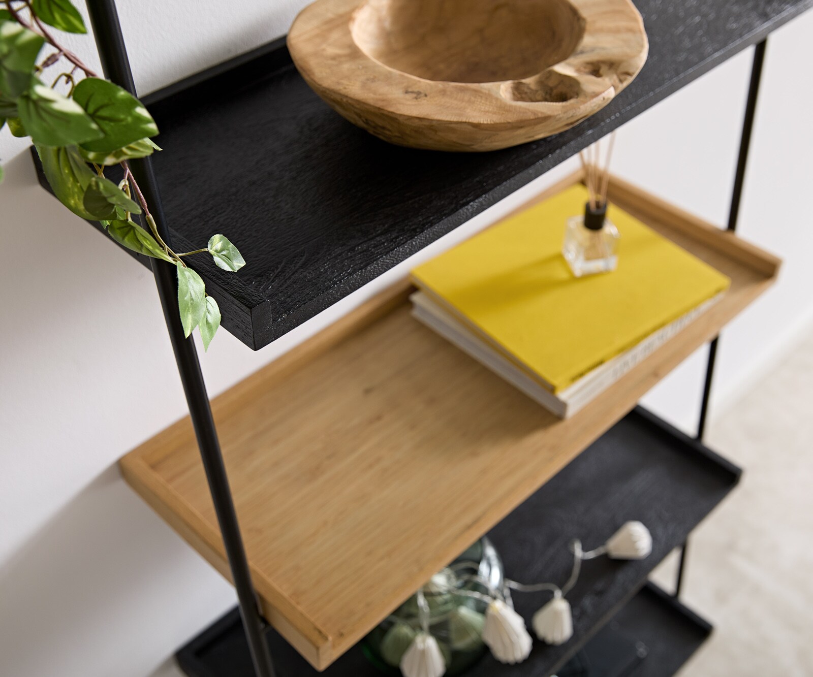 Bibliothèque Mikkusu 80x185 cm Bambou Naturel Manguier Noir 5 étagères Métal Noir 2