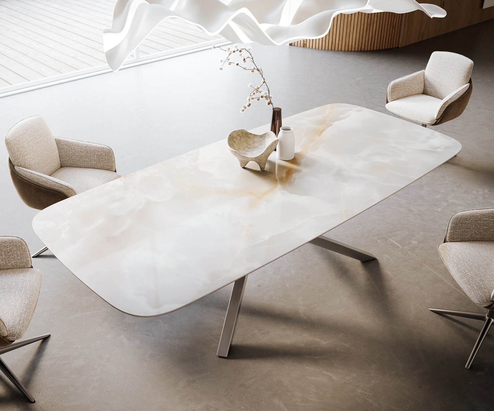 Table à manger Edge Boot 270x120 cm Céramique Iris FMG Onice Grigio piètement en croix Rectangle Acier inoxydable 4