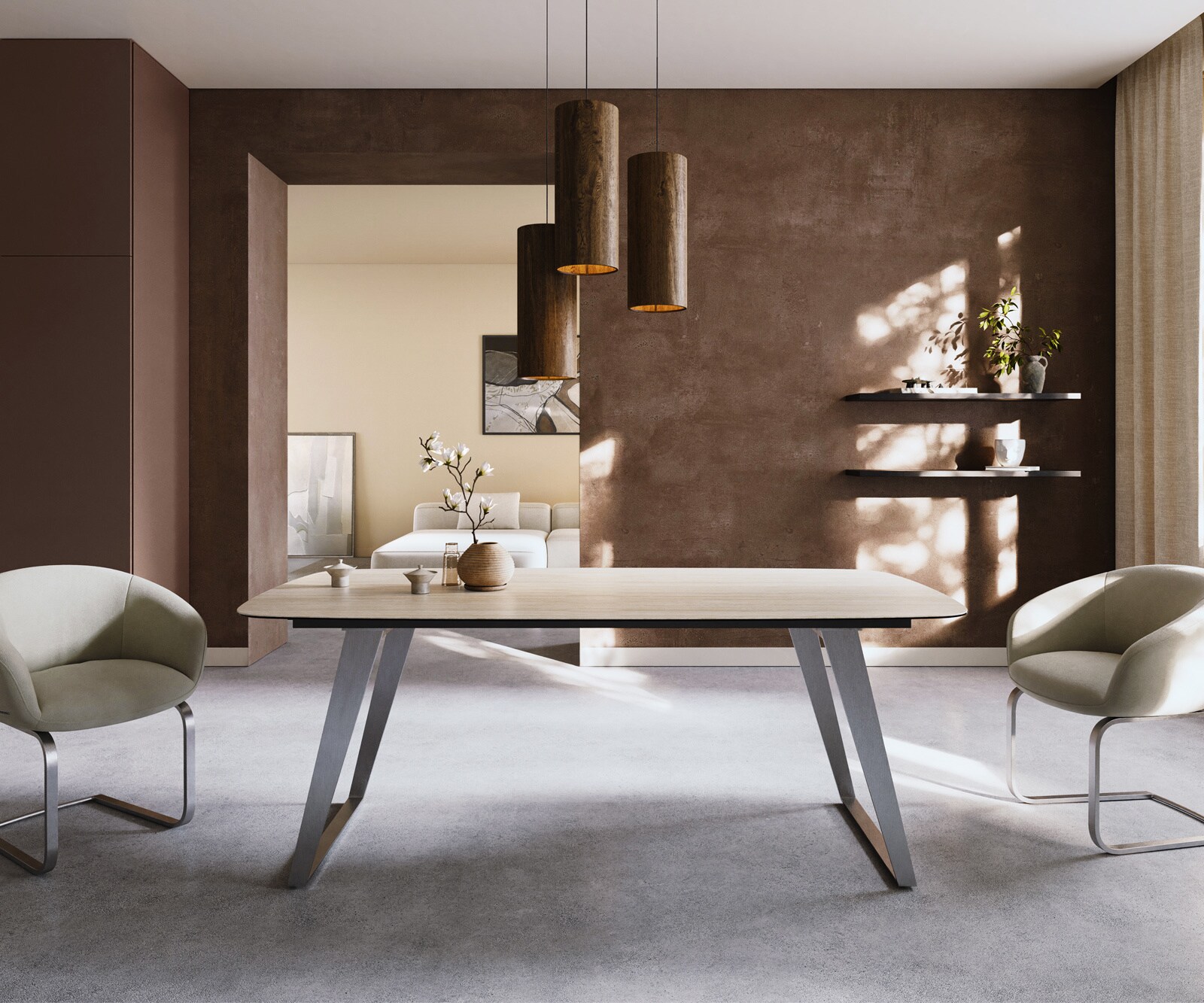 Table à manger Edge Boot 200x100 céramique Laminam® Travertino Bianco crème-blanc acier inoxydable incliné 1