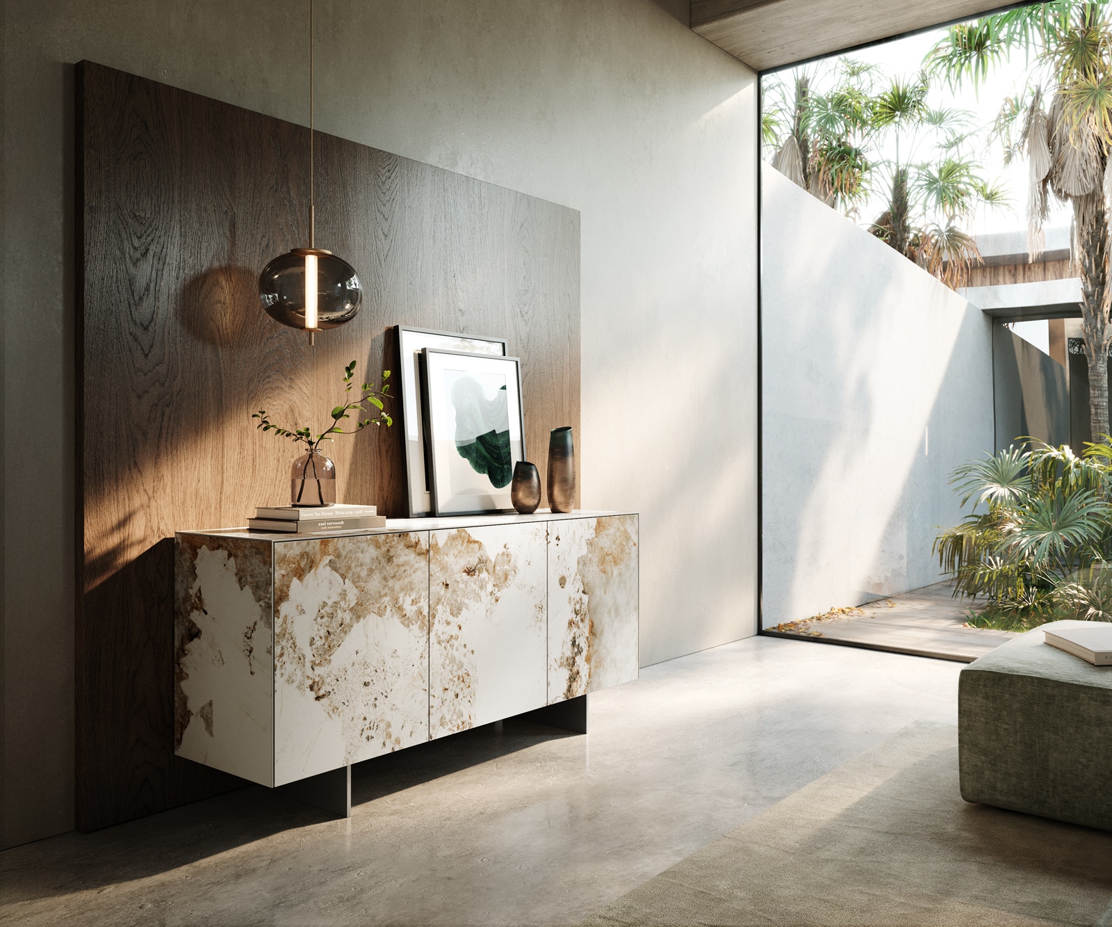 Buffet Cuor 150 cm Céramique Minas Melange Blanc-beige 3 Portes Pied optique flottant Ancier inoxydable Buffet Cuor 150 cm Céramique Minas Melange Blanc-beige 3 Portes Pied optique flottant Ancier inoxydable