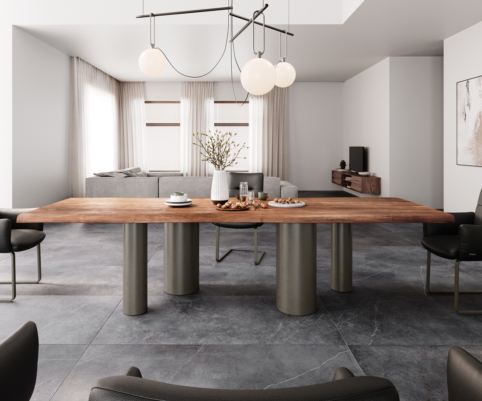 Table à manger Edge 300x100 XL Acacia Marron Pilier Métal finition à effet Titane Live-Edge 1