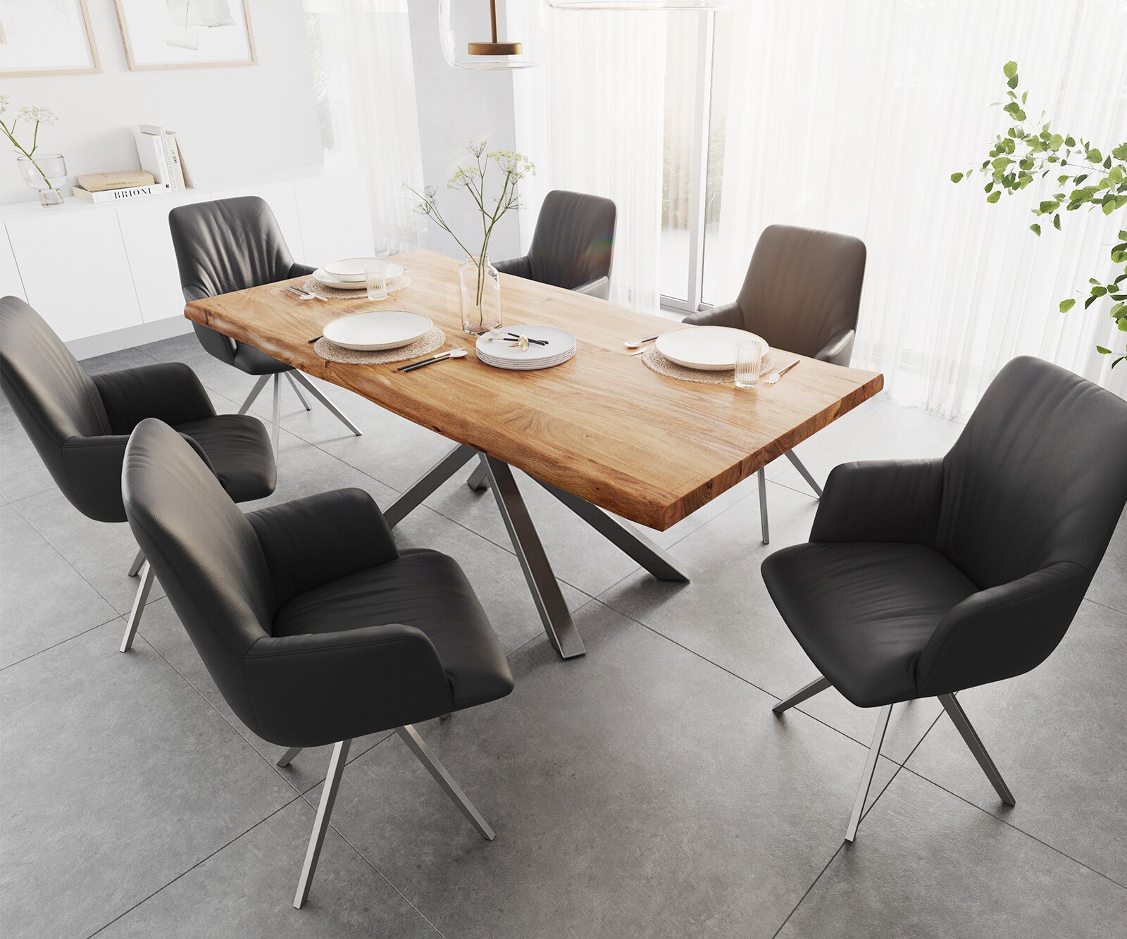 Table à manger Edge 200x100 XL Acacia Naturel cadre croisé Rectangle Acier inoxydable Live-Edge 4