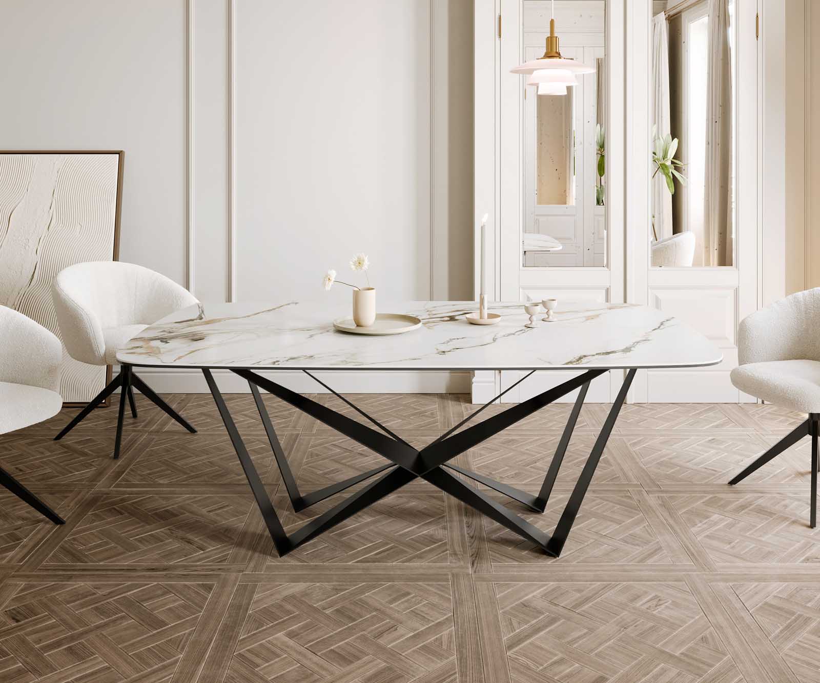 Table à manger Edge en forme de bateau 200x100 céramique Calacatta Luxe blanc-doré-gris Spider acier plat noir 1