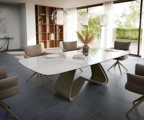 Table à manger Edge Boot 260x120 cm Céramique Onyx Champagne piètement en W Métal Finition effet Titan