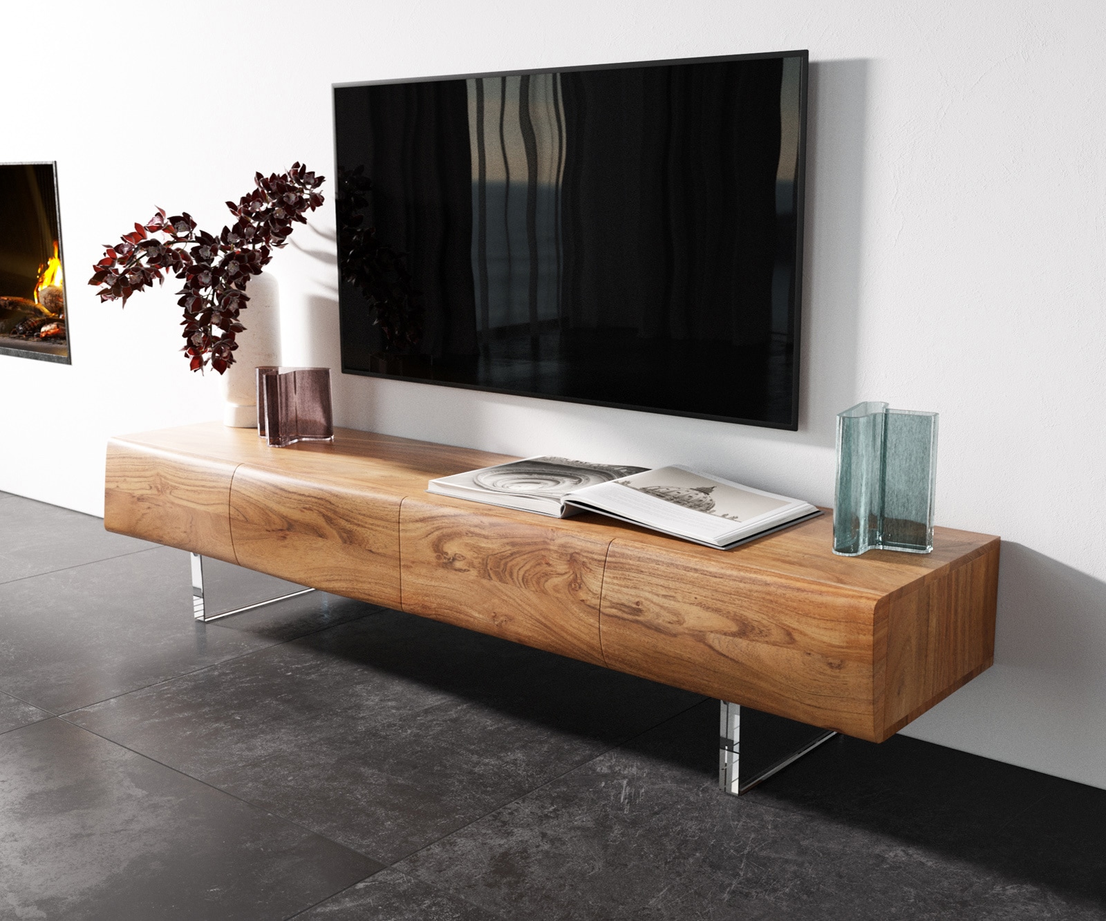 Meuble -TV New Live-Edge 175 cm acacia naturel 4 portes pied acrylique