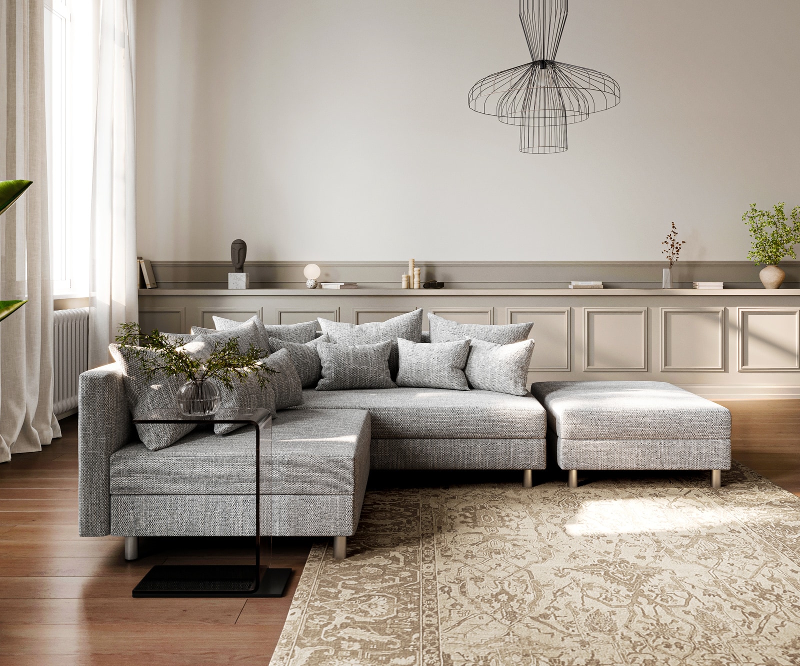 Canapé-d'angle Clovis tabouret en tissu structuré gris clair pouf à droite canapé modulaire 1 Canapé-d'angle Clovis tabouret en tissu structuré gris clair pouf à droite canapé modulaire 1