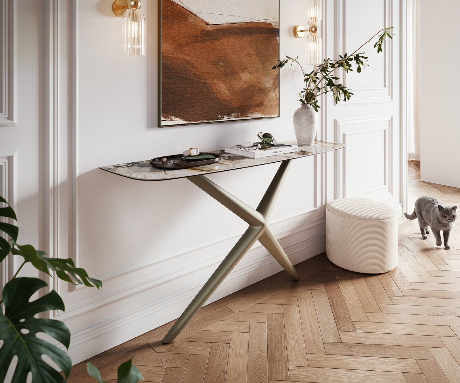 Console Edge forme bateau 140x40 cm Céramique Patagonia Poliert Estelo Métal Effektfinish Titan 8