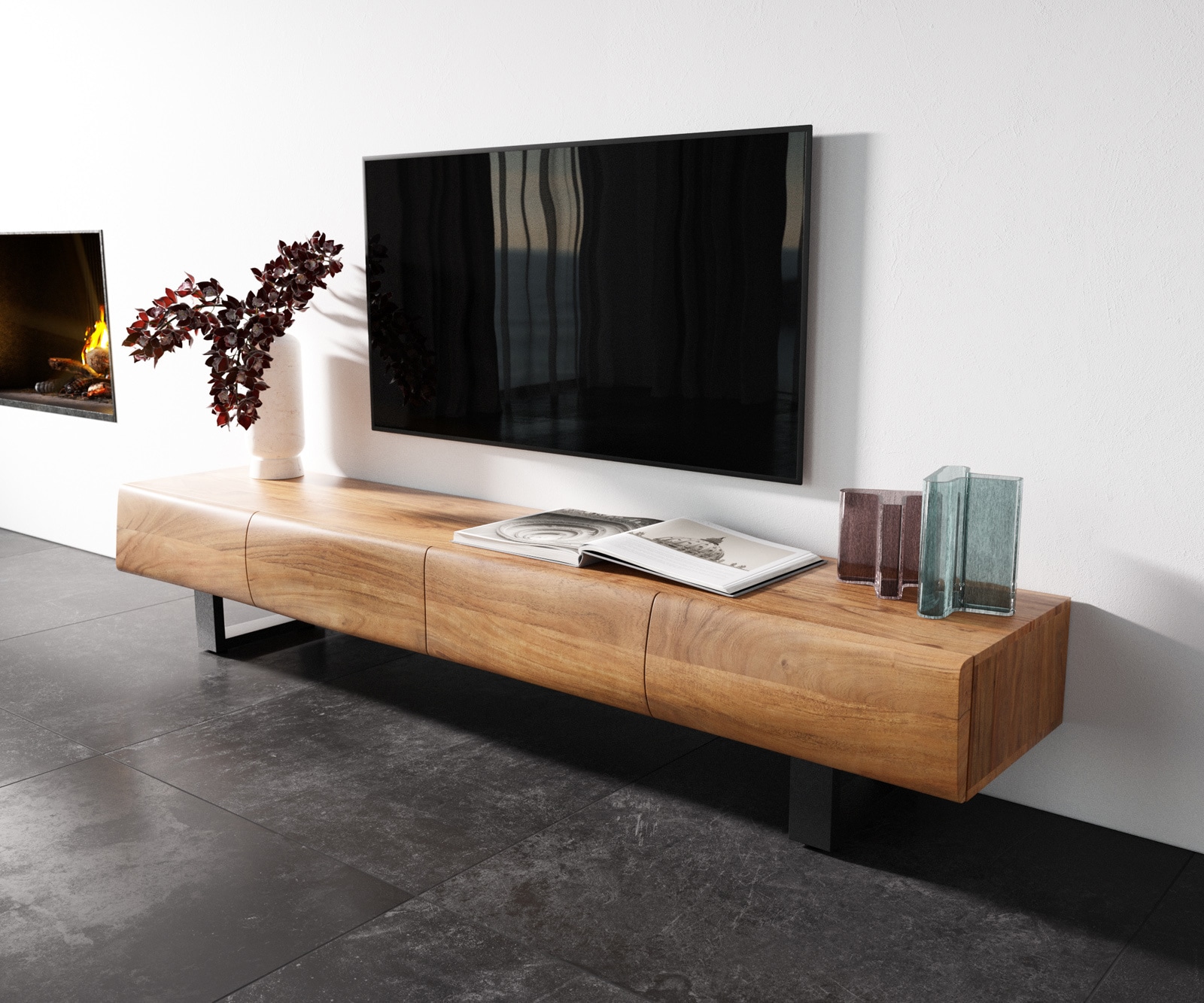 Meuble - TV New Live-Edge 200 cm acacia naturel 4 portes patin métal noir