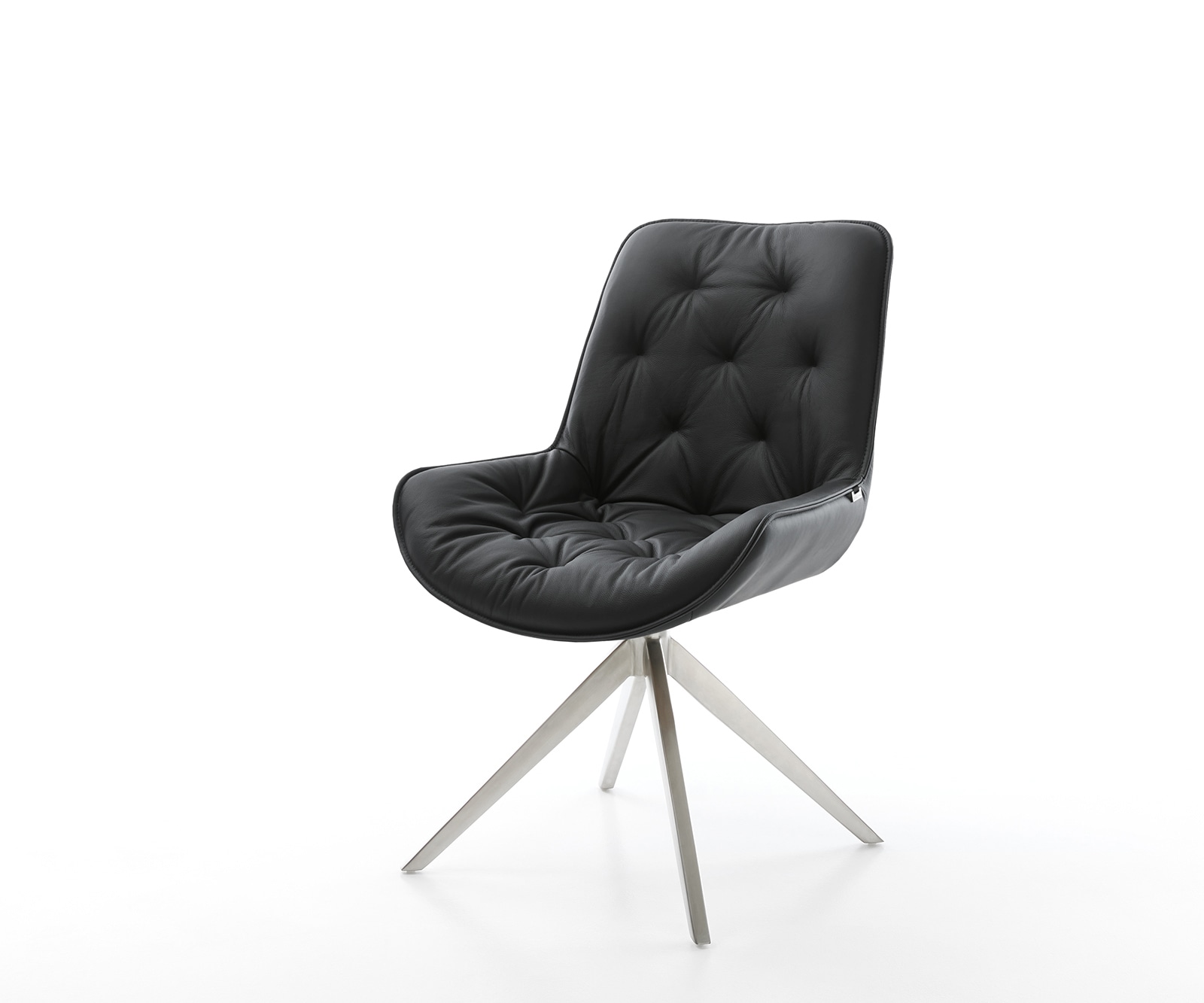 Chaise-de-salle-à-manger Taimi-Flex cuir de vache noir pied croisé large acier inoxydable brossé Chaise-de-salle-à-manger Taimi-Flex cuir de vache noir pied croisé large acier inoxydable brossé