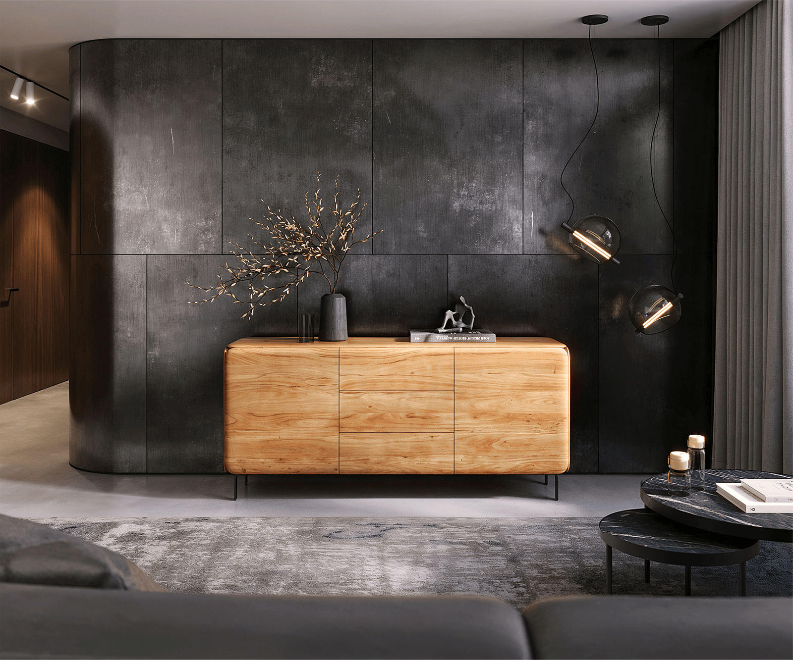 Buffet Shavani 175 cm, acacia naturel, 2 portes, 3 tiroirs, pieds en L, métal noir 1