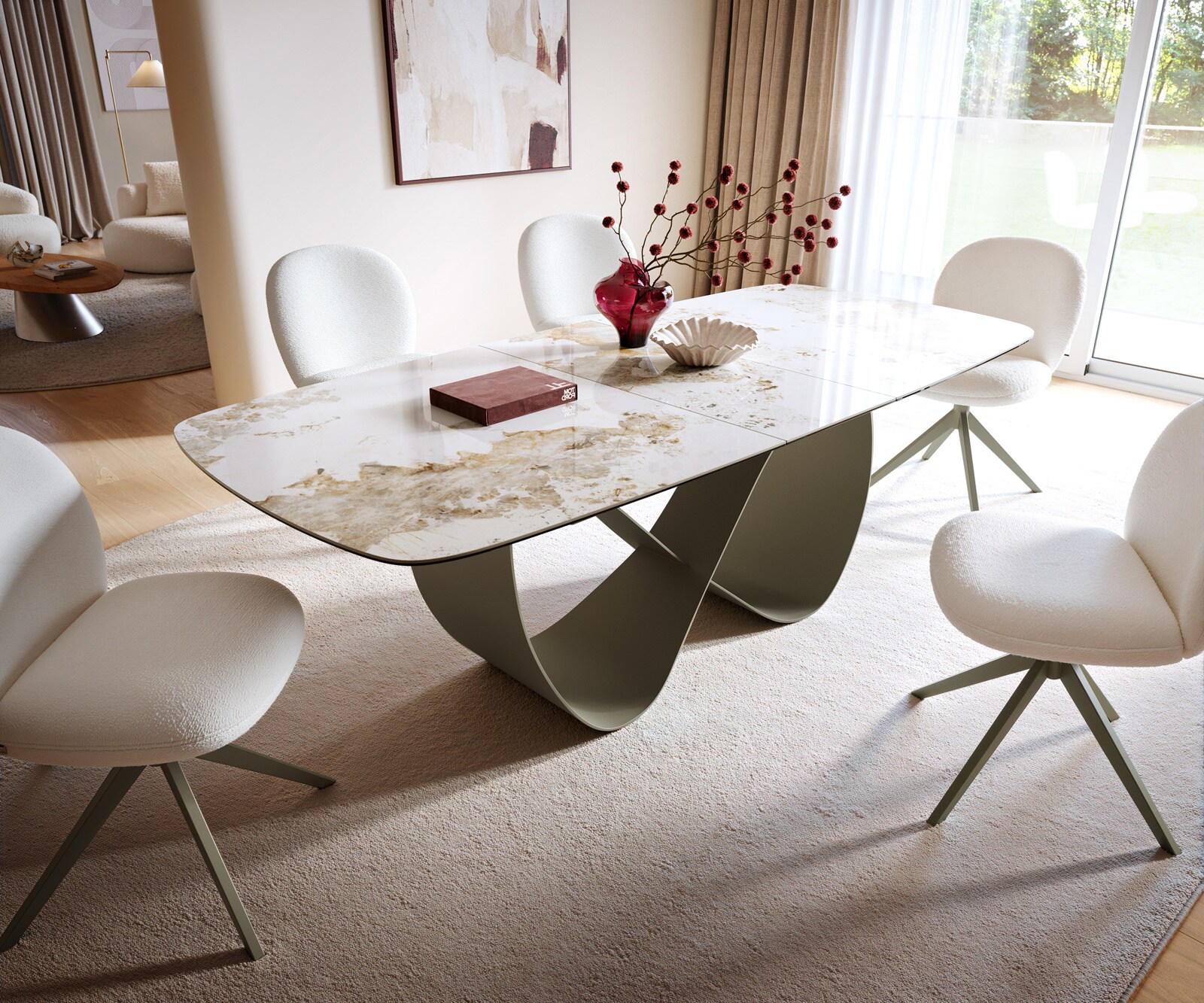 Table à manger Edge 180-220x100cm Céramique Minas Mélange Blanc-Beige Infinity Métal Effet Titane Extensible 6