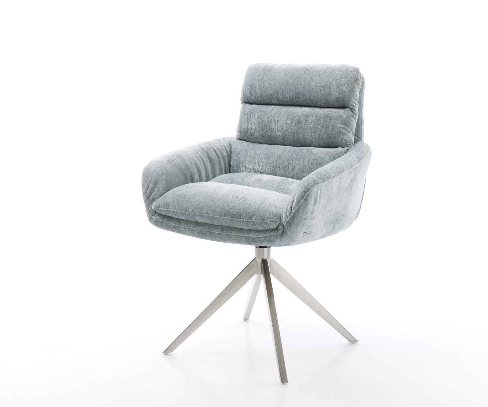 Chaise-pivotante Abelia-Flex avec accoudoirs chenille bleu pastel pied croisé large acier inoxydable brossé pivotement sur 360° fonction bascule Chaise-pivotante Abelia-Flex avec accoudoirs chenille bleu pastel pied croisé large acier inoxydable brossé pivotement sur 360° fonction bascule
