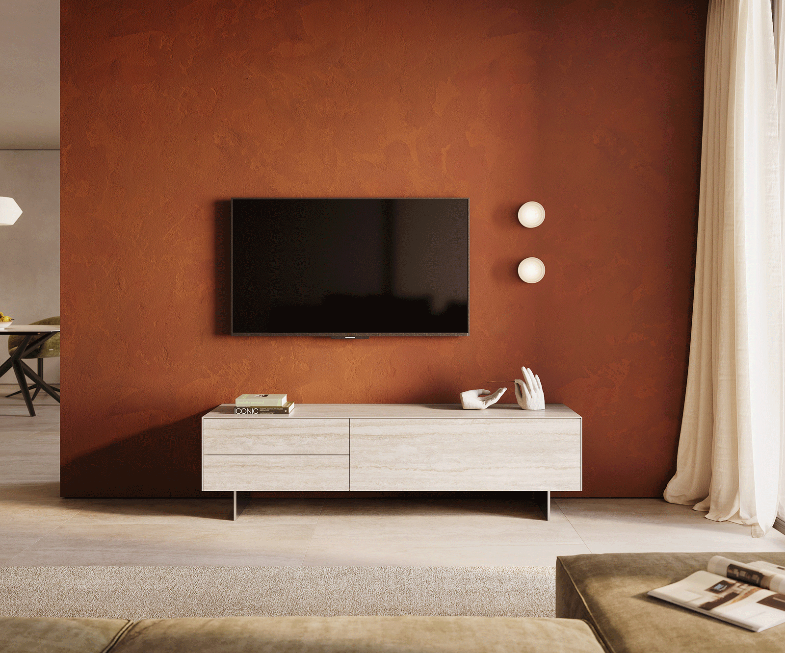 Meuble-TV Cuor 180 cm Céramique Laminam® Travertino Bianco Crème-blanc 1 Clapet 2 Tiroirs Pied optique flottant Ancier inoxydable 1