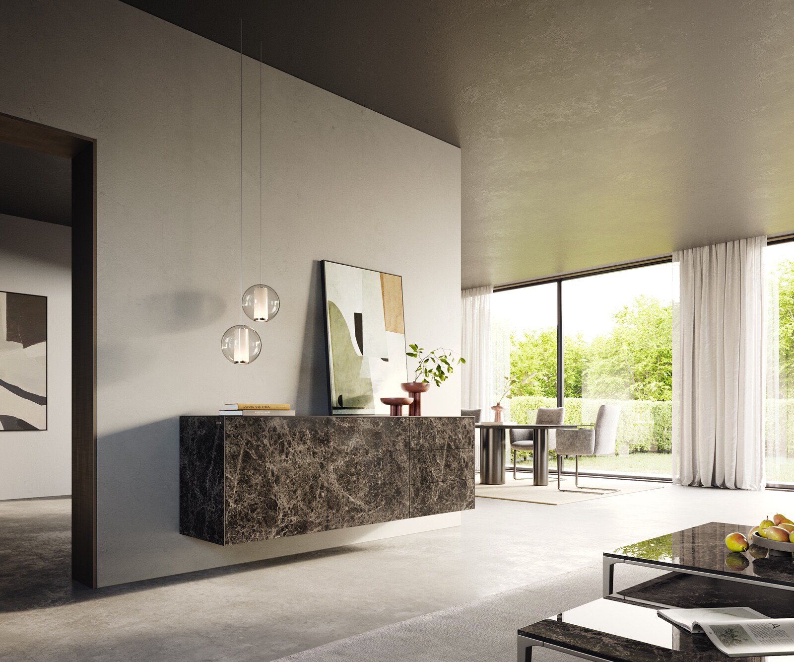 Buffet Cuor 180 cm Céramique Emperador Extra Lucidato brun foncé 2 Portes 3 Tiroirs Flottant 6