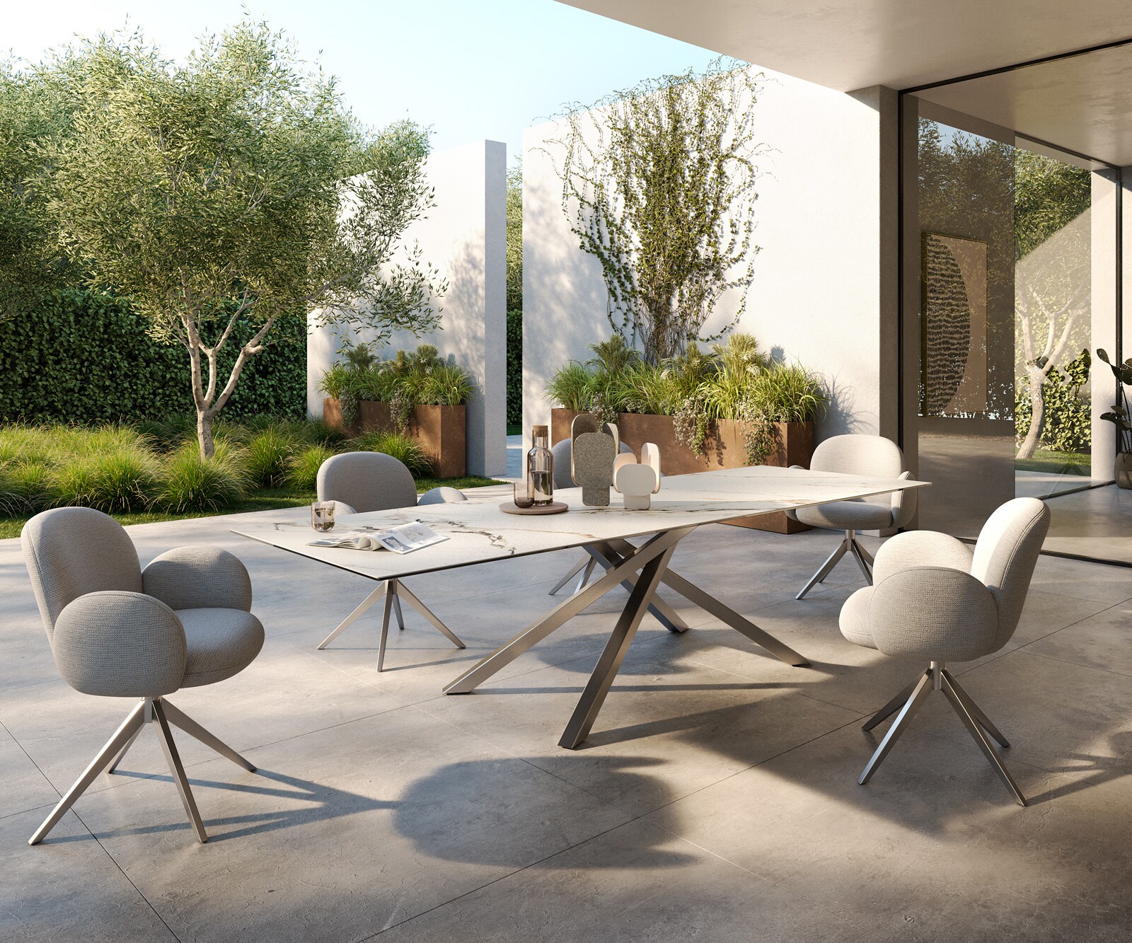 Table d’extérieur Edge 300x100 cm céramique Calacatta Luxe blanc-or-gris piètement croisé rectangulaire en acier inoxydable 5