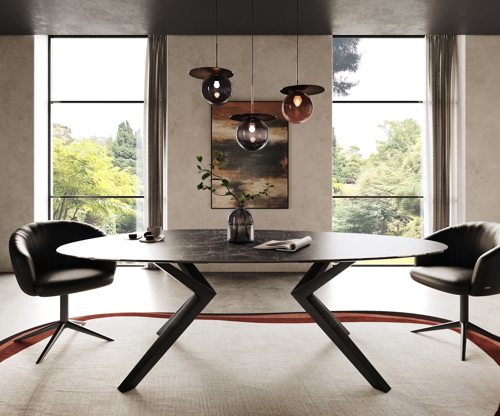 Table à manger Edge Ovale 220x120 Laminam® Céramique Nero Greco Anthracite Zenthara anguleux Métal Noir 1