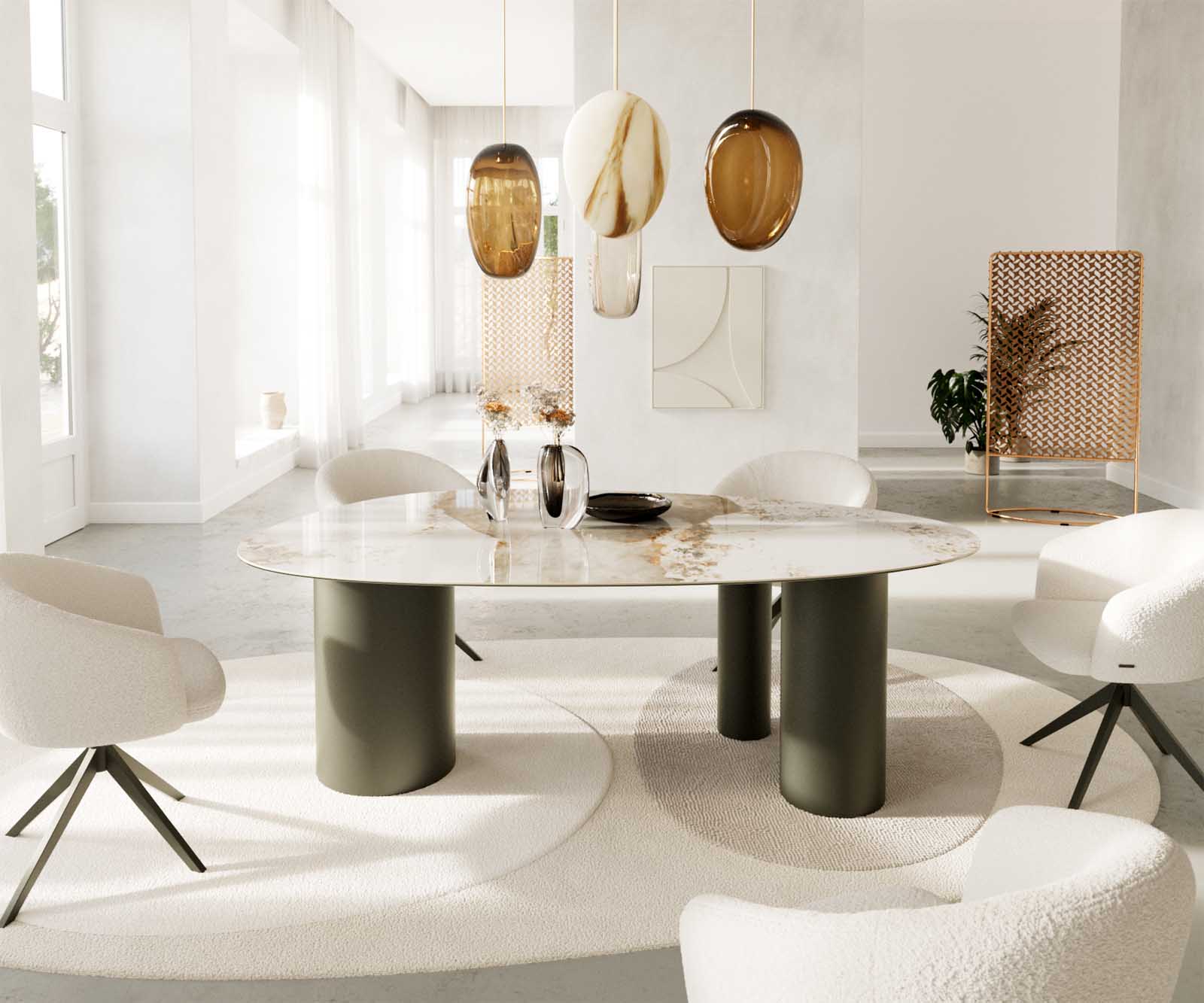 Table à manger Edge Oval 220x120 Céramique Minas Mélange Blanc-Beige Troa Métal Effet Titane 1