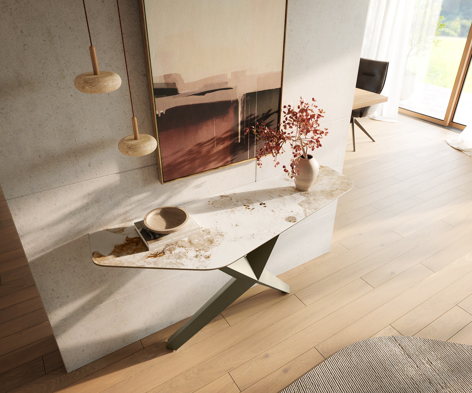 Console Edge Polygonal 140x50 cm Céramique Minas Melange Weiß-Beige Zentharo Métal Effektfinish Titan 1